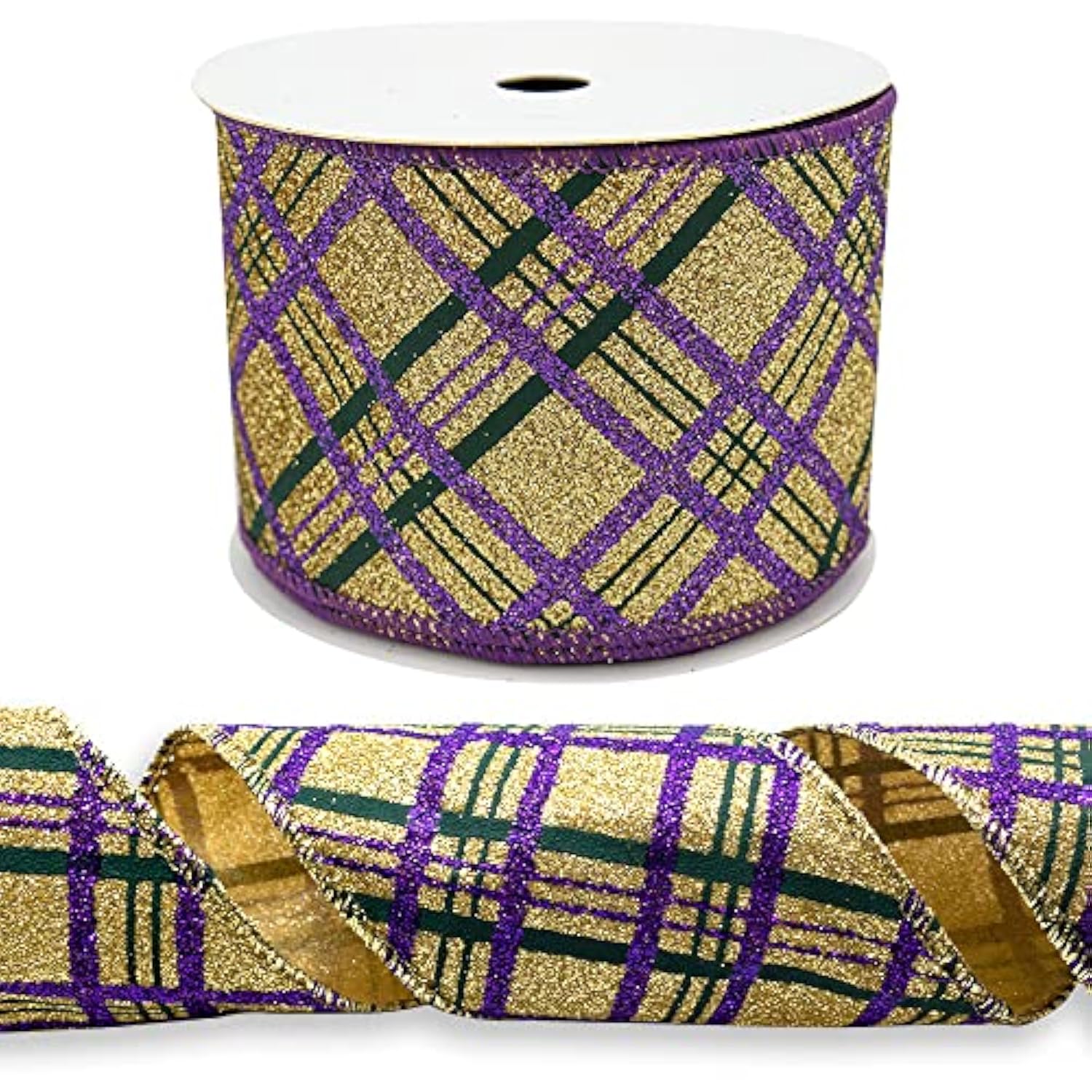 Mardi Gras Fabric Ribbons 10 Yards, Green Purple Glitter Plaid Burlap
