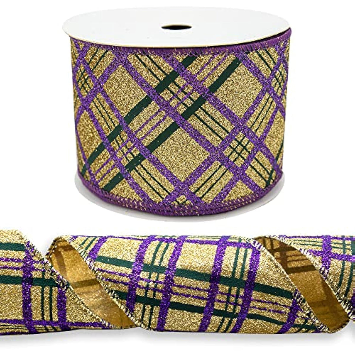 Mardi Gras Fabric Ribbons 10 Yards, Green Purple Glitter Plaid Burlap