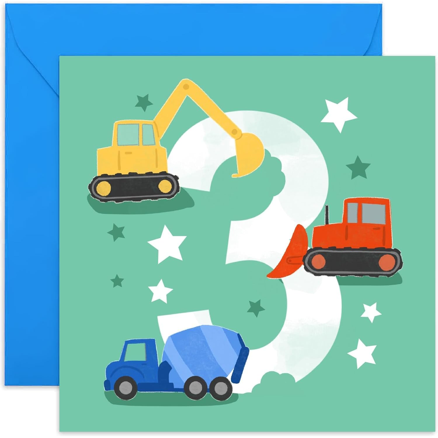 Old English Co. First Birthday Card For Boy Or Girl - Happy 3Rd Birthday Card For Three Year Old - Digger, Tractor, Construction Vehicle Theme - Age 3 - Grandson, Son | Blank Inside Envelope…