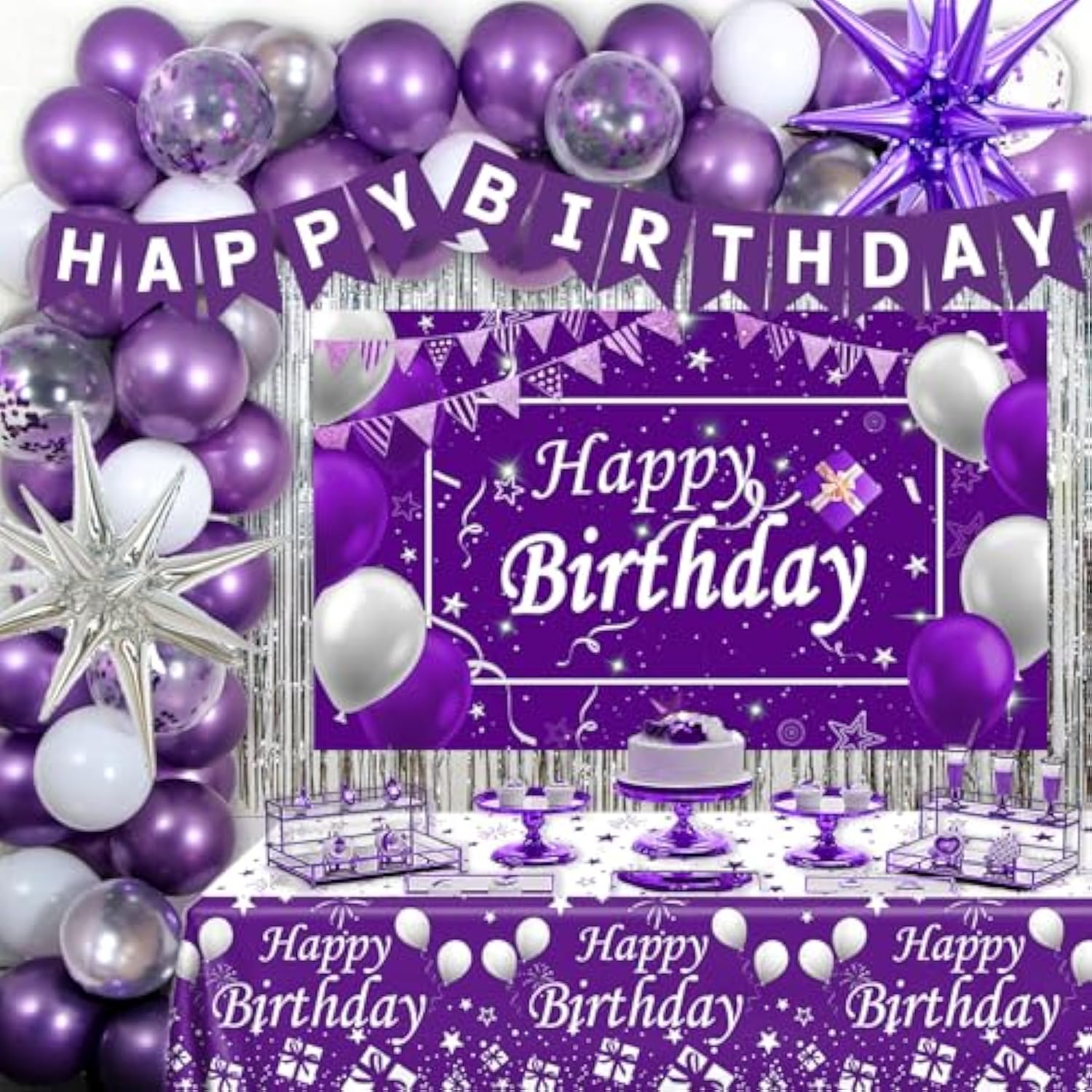 Purple Birthday Decorations For Women Girls, Lavender Purple Silver Party Decorations Kit With Happy Birthday Banner Backdrop Tablecloth Fringe Curtain Balloon Arch
