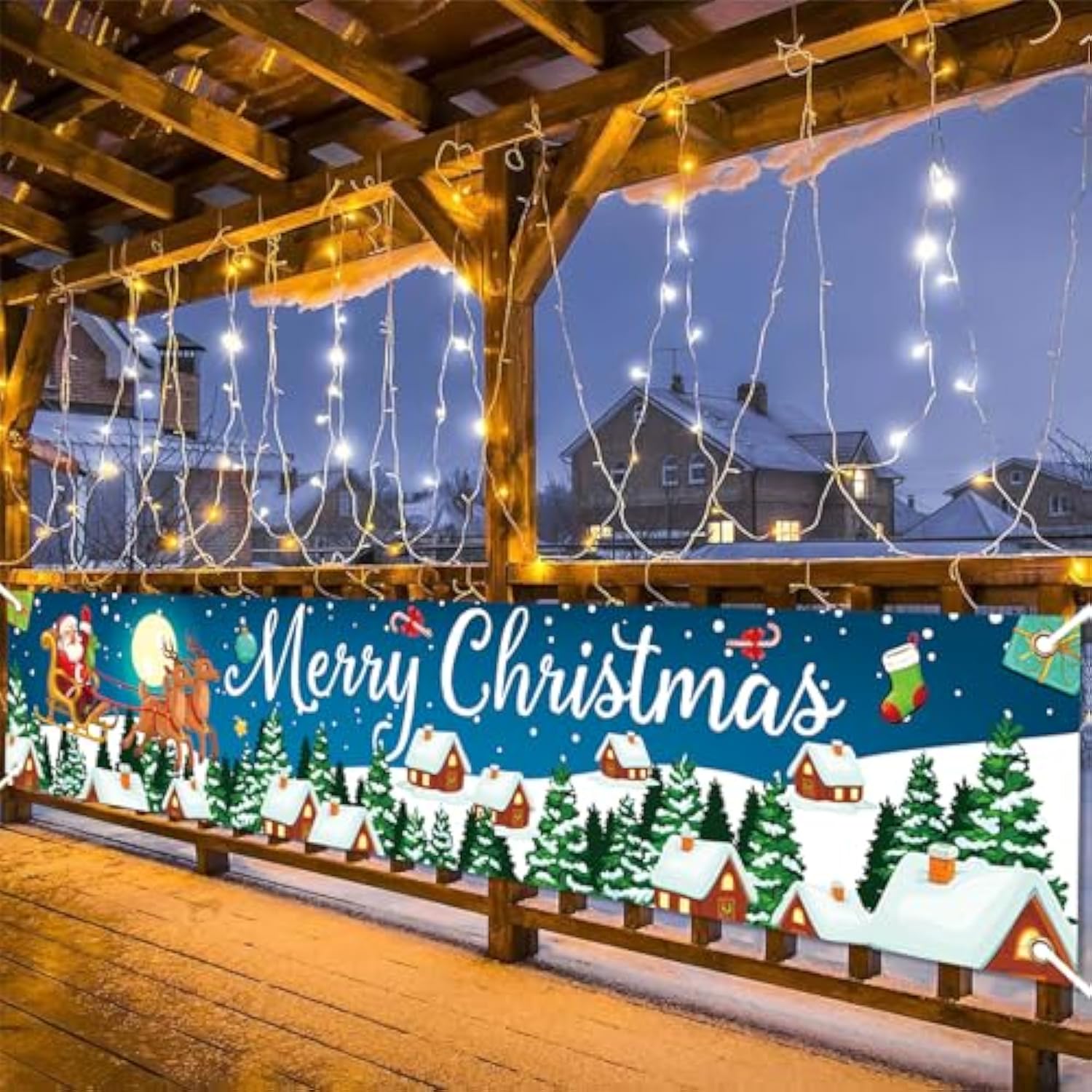 Christmas Banner Outdoor, Large Fabric Blue Merry Christmas Decorations With Santa Claus Reindeer Gifts Backgroud Banner, Xmas Yard Sign For Outside Fence Garden New Year Party Decor Supplies 210X40Cm