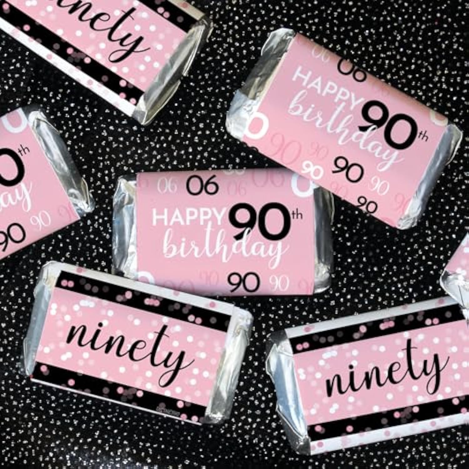 Pink, Black, And White 90Th Birthday Party Mini Candy Bar Wrappers - 42 Count, 90Th Birthday Decorations For Women