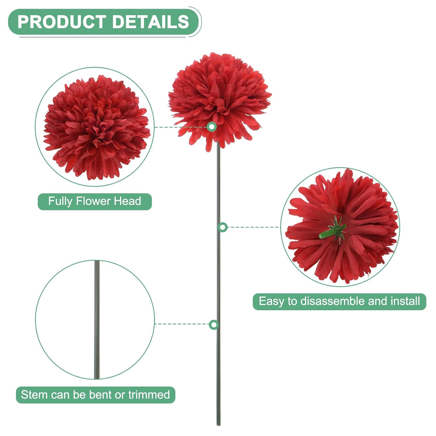 30-Pack Artificial Chrysanthemum Ball Flowers,11 Inch Faux Chrysanthemum Silk Bouquets Real Touch Faux Flowers For Home/Wedding/Christmas/Party[Bright Red]