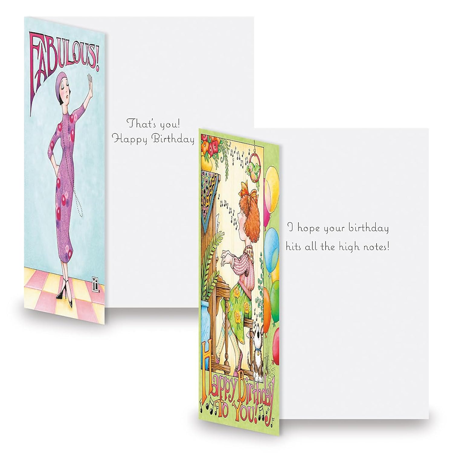 Current Birthday Cards by Mary Engelbreit - Sets of 8 (2 designs), 5" x 7" cards, and come with white envelopes.
