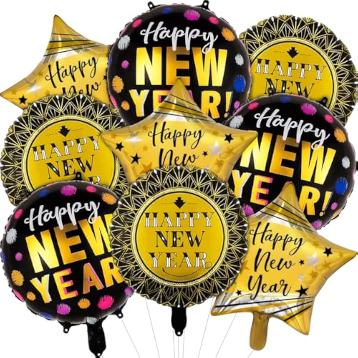9pcs Black Gold New Year 2026 Star & Round Foil Balloons Decorations