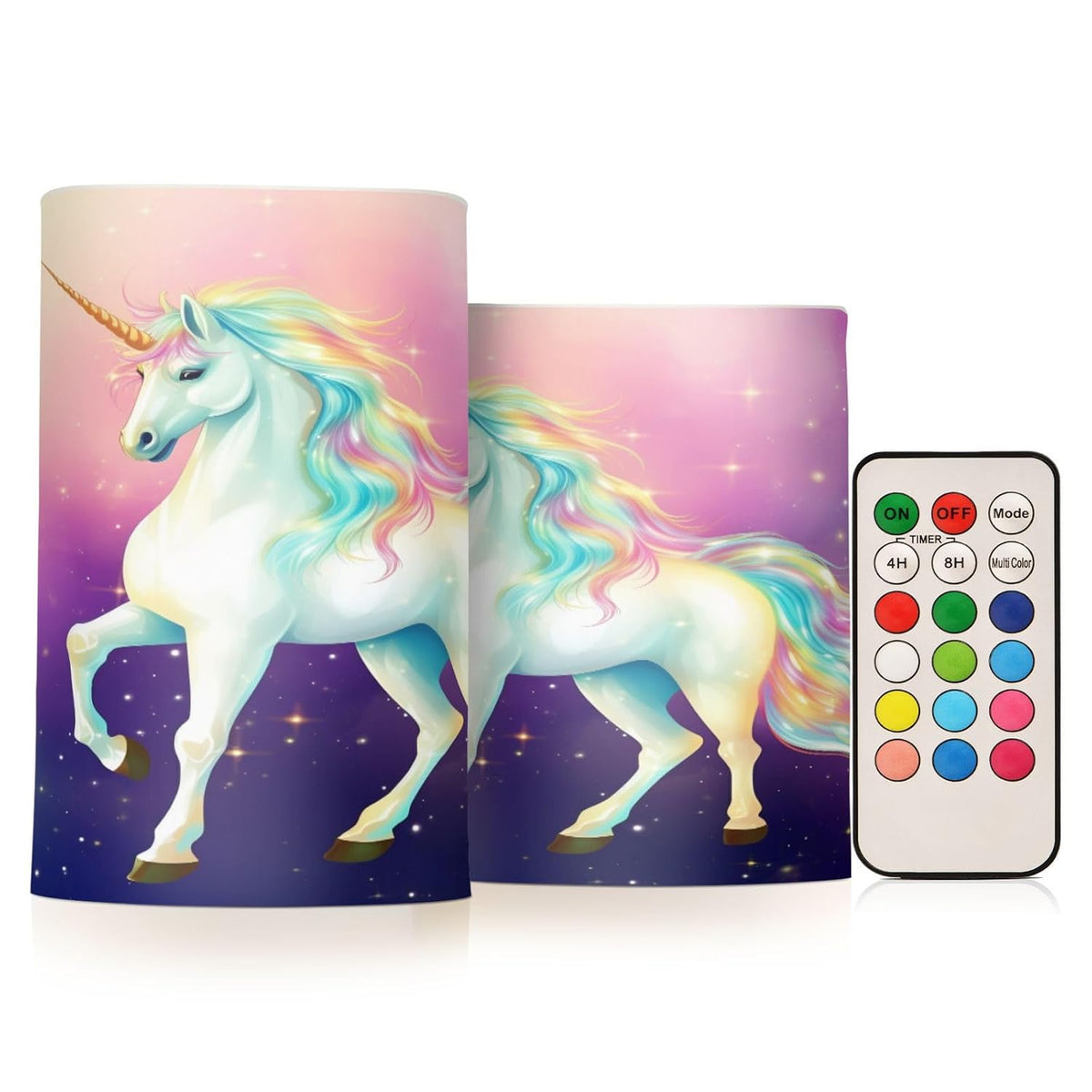 Lights Flameless Candles Rainbow Fairy Unicorn Stars Pillar Candles Set Of 2 Battery Operated Remote Control Warm Lights Home Decor