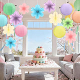 15Pcs Pastel Spring Classroom Decor Kit,Hanging Paper Lanterns Paper Flowers Fans For Easter Baby Shower Birthday Party Rainbow Wall Decor