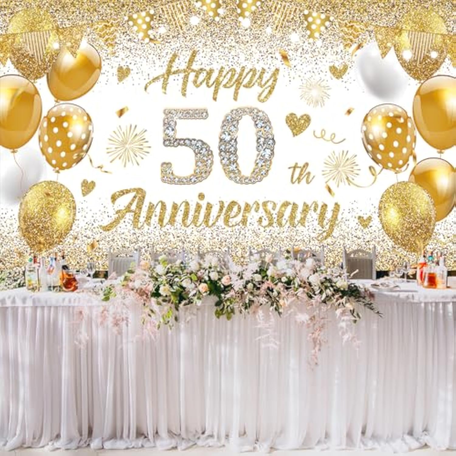 50Th Wedding Anniversary Banner Decorations, White Gold Happy 50 Anniversary Party Supplies, Golden 50 Th Wedding Anniversary Decorations Decor Poster Photography For Backdrop 72.8X43.3 Inches