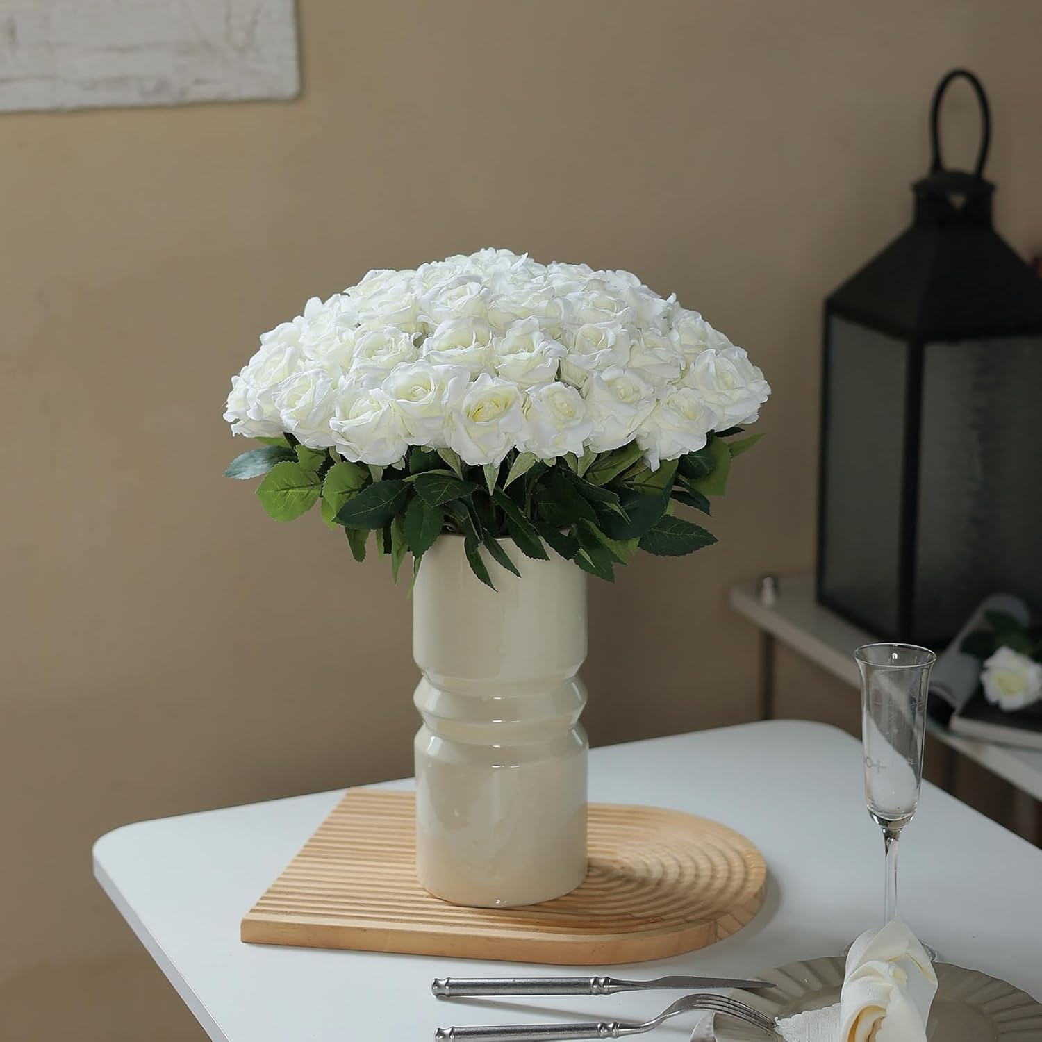60 Pcs Artificial Roses In Bulk, Fake Silk Roses Realistic Roses Stem Faux Roses Bouquet For Wedding Centerpieces Flower Arrangement Home Decor (White)