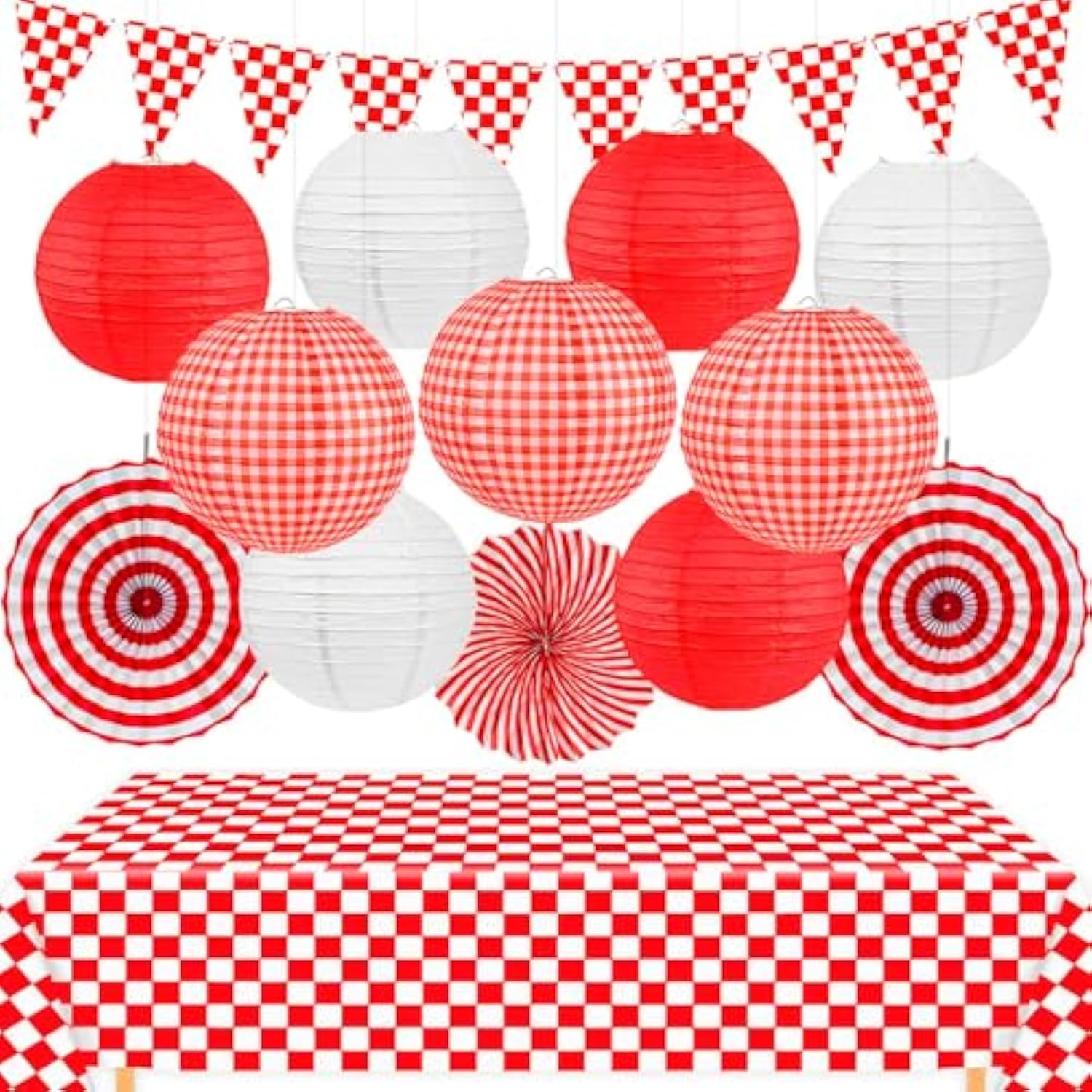 14 Pcs Red Gingham Party Supplies,Red And White Party Decorations Include Hanging Paper Fans, Paper Lanterns, Checkered Pennant Banner, Disposable Tablecloth For Bbq Picnic Themed Decorations