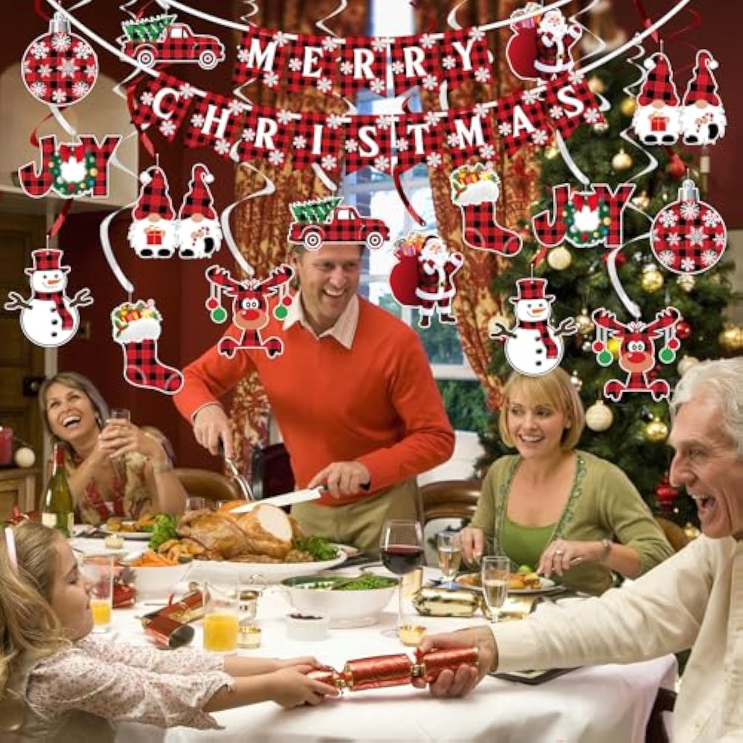 Christmas Hanging Swirls Decorations - No Diy - Buffalo Plaid Merry Christmas Banner Christmas Ceiling Hanging Streamers, Xmas Hanging Decorations Indoor For Office Christmas Holiday Party Decorations