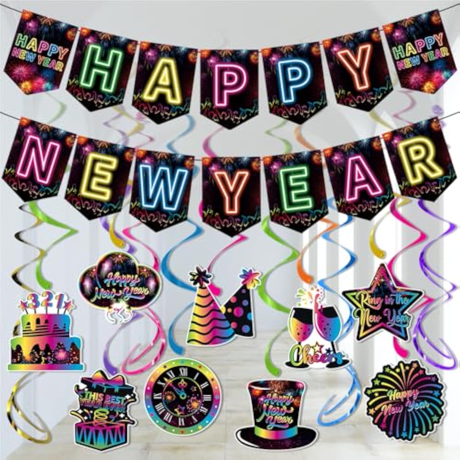 2026 Happy New Year Neon Banner Hanging Swirls Glow Party Decorations
