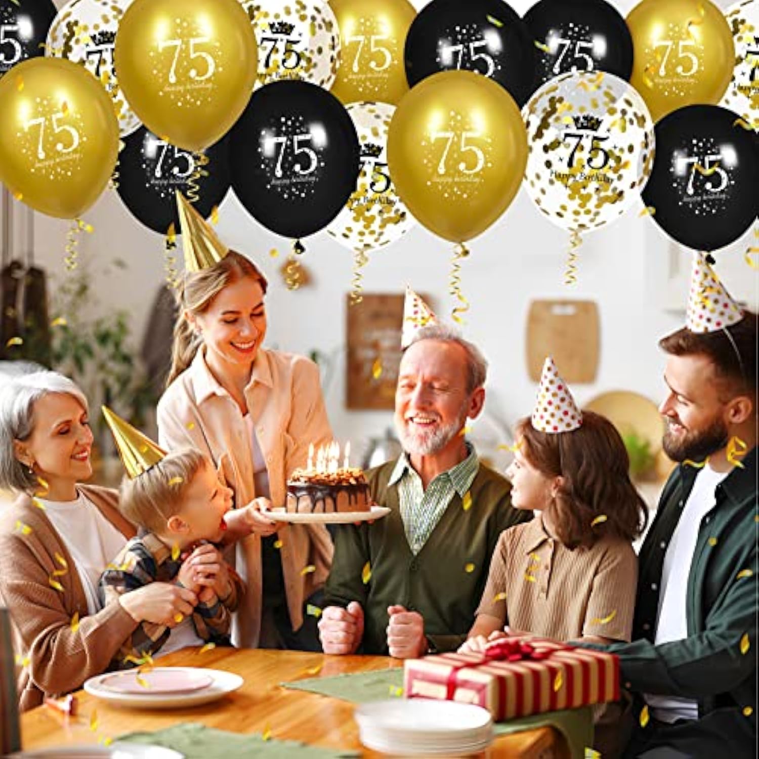 15pcs Black Gold 75th Birthday Balloons for Men & Women Party Decorations