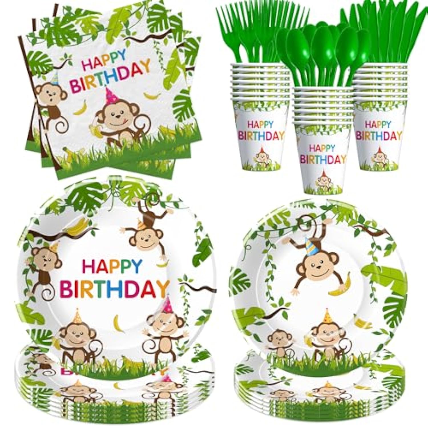 Monkey Birthday Decorations Tableware, Wild Jungle Animal Monkey Theme Party Supplies For Birthday Baby Shower, Paper Plate, Cup, Napkin, Cutlery, Serves 24