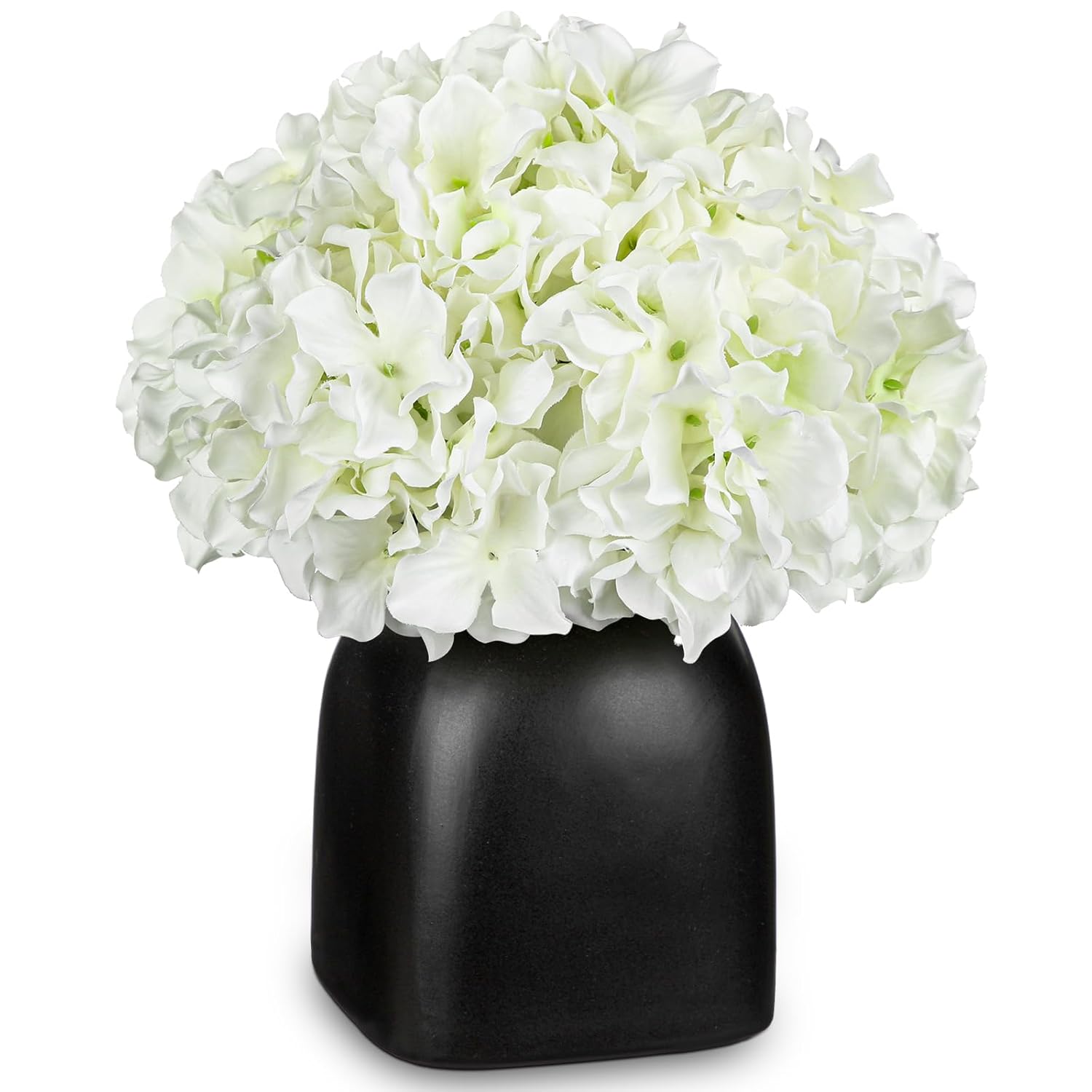 Hydrangea Artificial Flowers White Silk Hydrangea Flowers In Deep Black Ceramic Vase Spring Flowers Arrangments Potted Fake Flowers For Home Decor Indoor Farmhouse Table Wedding Centrepiece