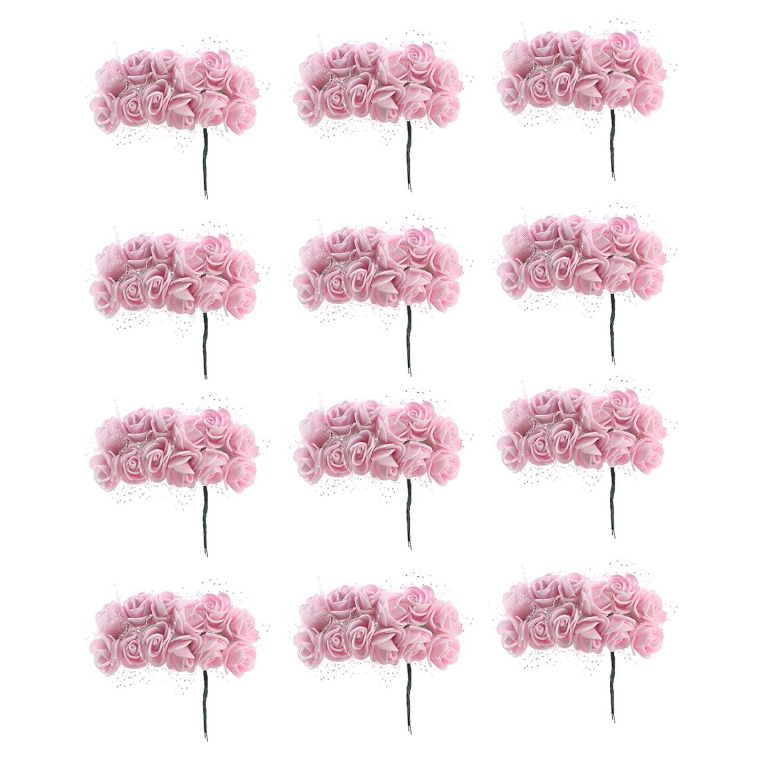 144Pcs Mini Fake Roses Artificial Foam Rose Heads With Wire Rods Diy Wedding Flowers Accessories Make Bridal Hair Clips Headbands Dress,Light Pink