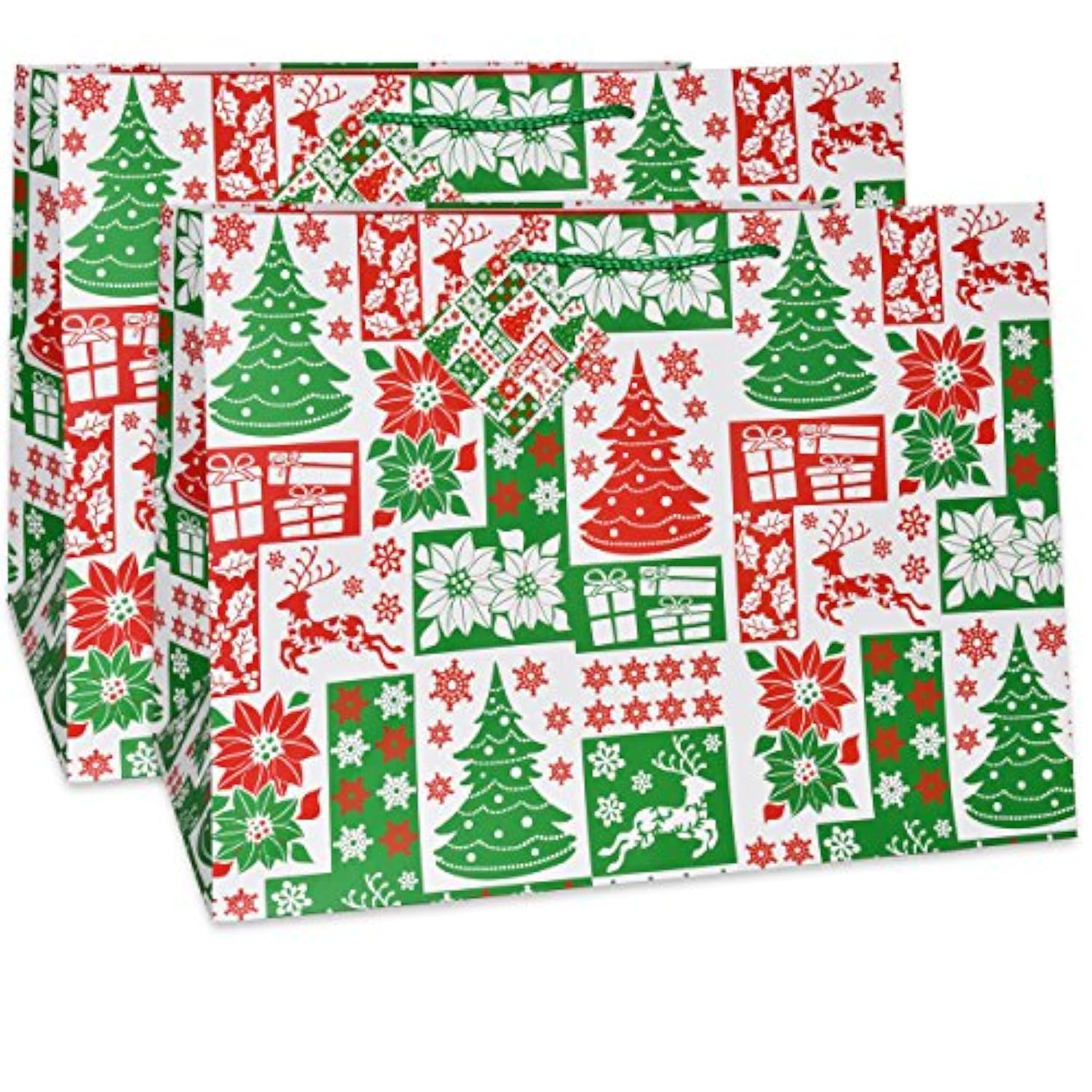 12 Jumbo Christmas Tote Bags With Handles 15" Wide X 11" High X 11" Deep Extra Wide Large Giant Reusable Grocery Shopping Paper Bags Big Gusset For Food Cookie Container & Foil Tin Pan