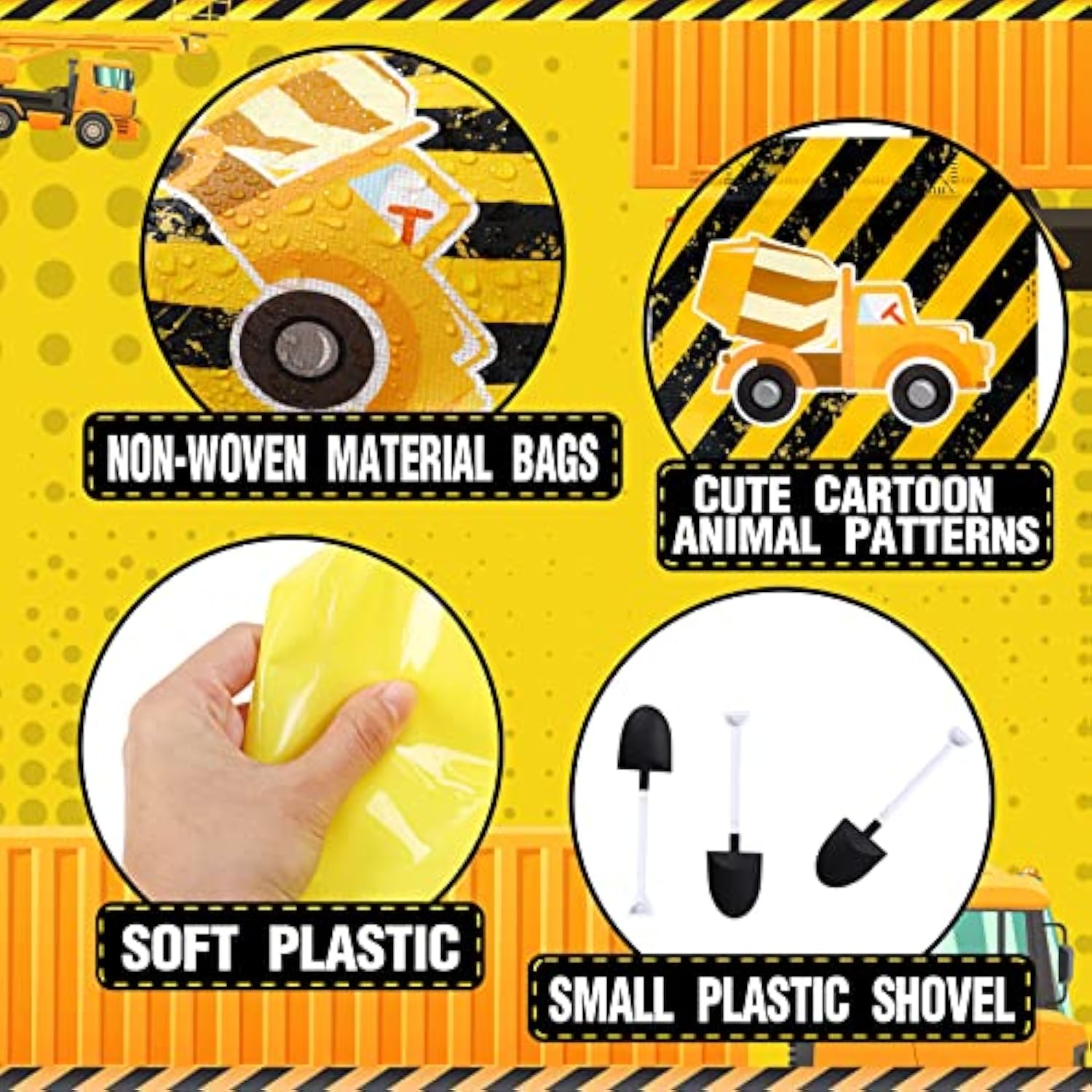148 Pcs Construction Birthday Party Supplies Include 12 Construction Hats, 24 Truck Toys, 12 Vehicle Stickers, 12 Silicone Bracelet, 12 Goodie Bag, 24 Stamps, 50 Shovels, 1 Tablecloth,1 Tape