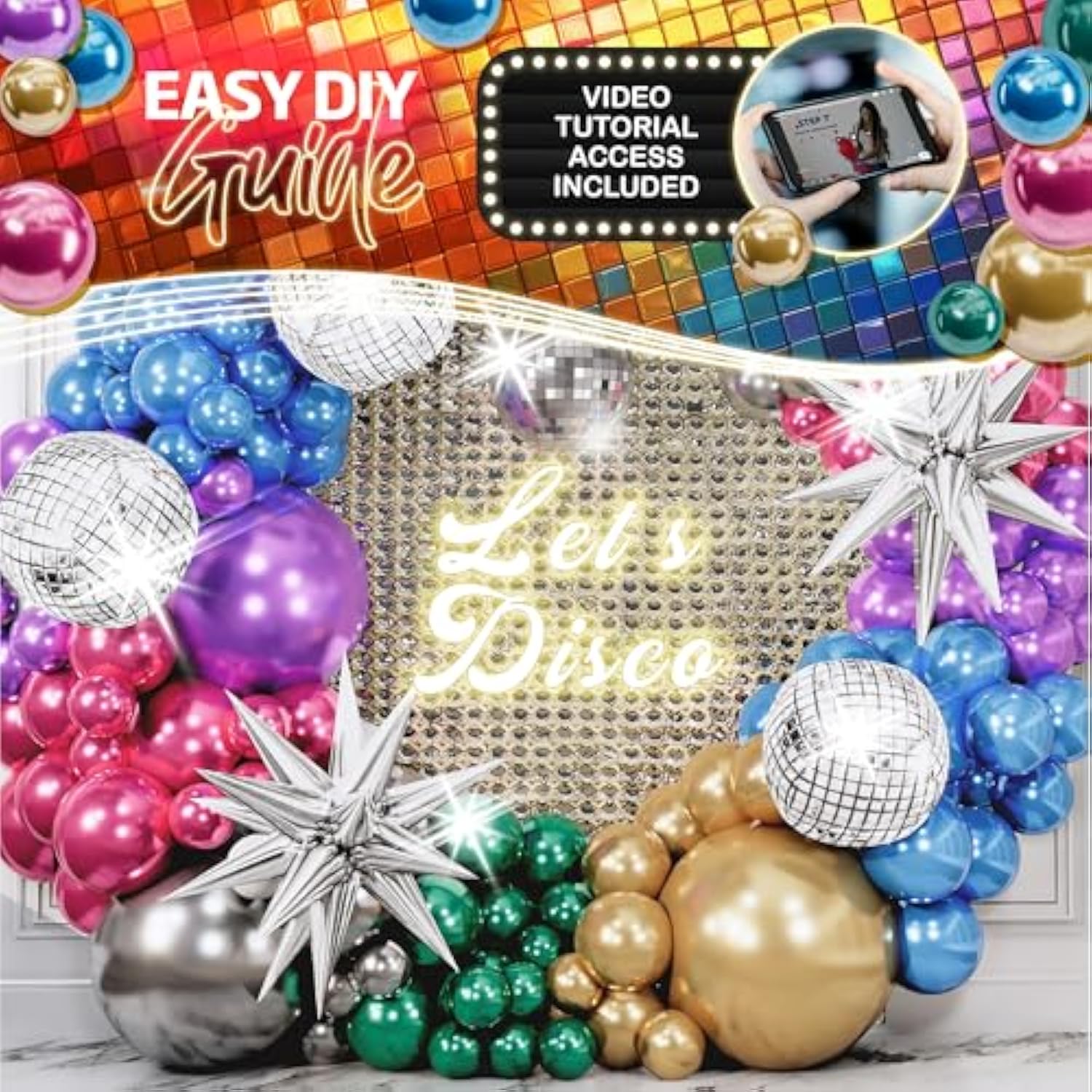 All-In-1 Disco Balloon Arch Kit With Bonus Disco Balls & Starbursts - Metallic Balloon Arch Kit For 90S Themed Party Decorations - Chrome Balloons, Metallic Balloons For Prom, Karaoke Party Decoration