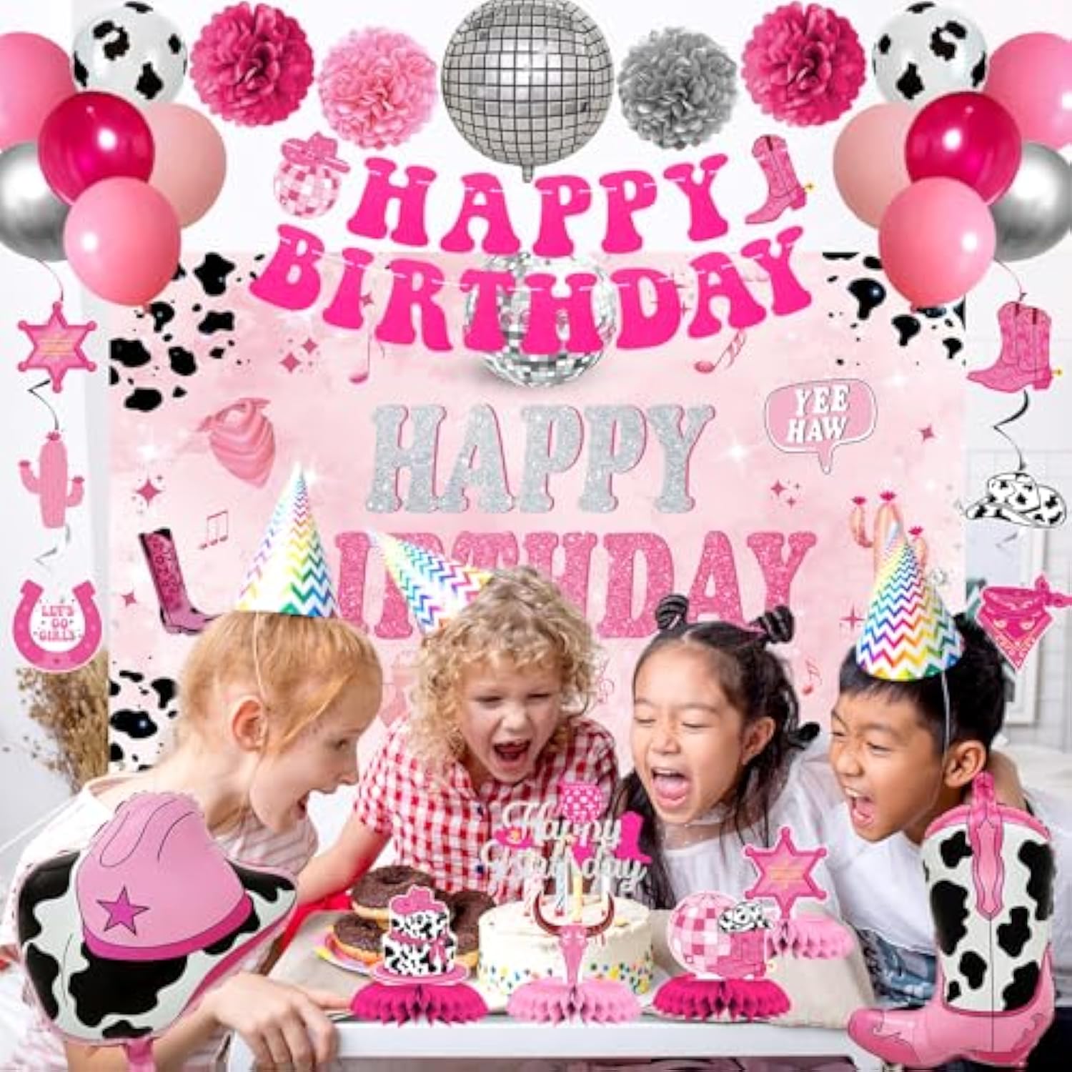 Disco Cowgirl Birthday Decorations - Disco Cowgirl Birthday Backdrop, Banner, Swirls, Honeycomb, Paper Pom Poms And Balloons For Cowgirl Theme Party Supplies