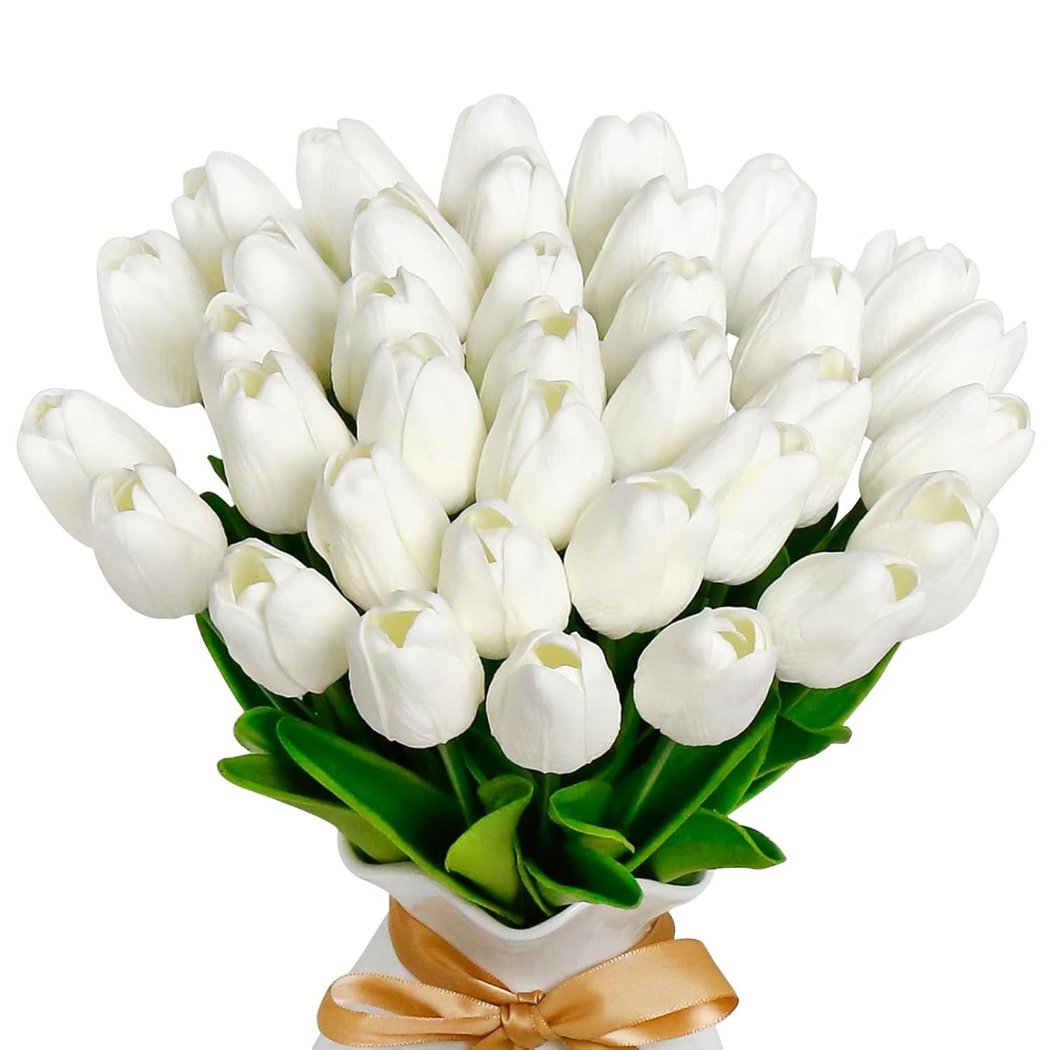 36 Pcs White Tulips Artificial Flowers 13" Pu Fake Flowers For Wedding Home Decor(White)