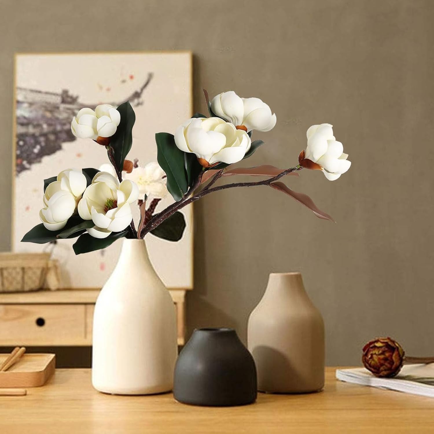White Magnolia Flowers Artificial 3Pcs 9 Heads Large White Flower 27.5" Long Stem Artificial Flowers Silk Magnolia Flowers For Home Decor Indoor Faux Floral Arrangements