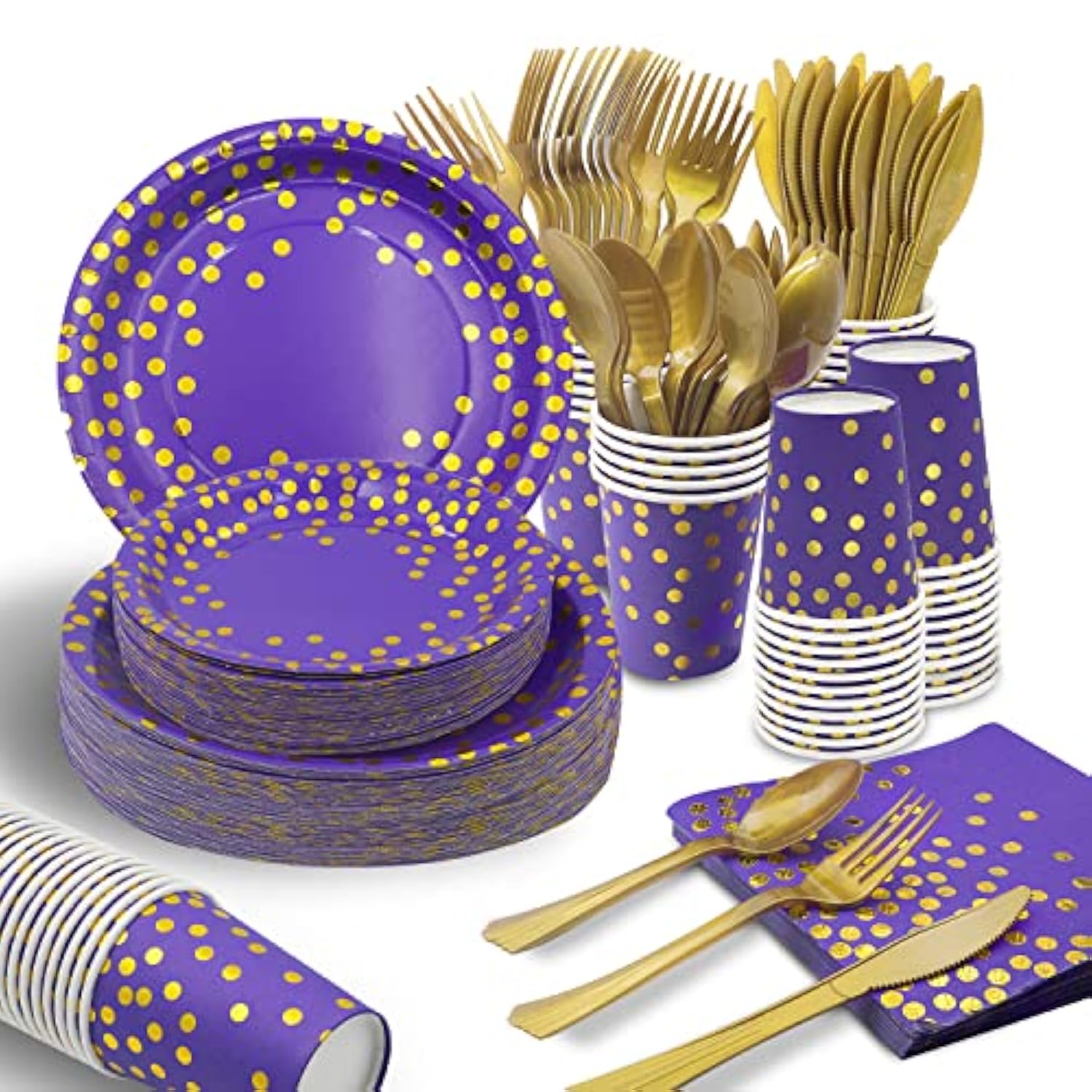 350Pcs Purple Gold Paper Plates Party Supplies For 50 Guests Party Decorations Disposable Dinnerware Paper Plates Cups Napkins Gold Plastic Forks Knives Spoons For Birthday Baby Shower Wedding