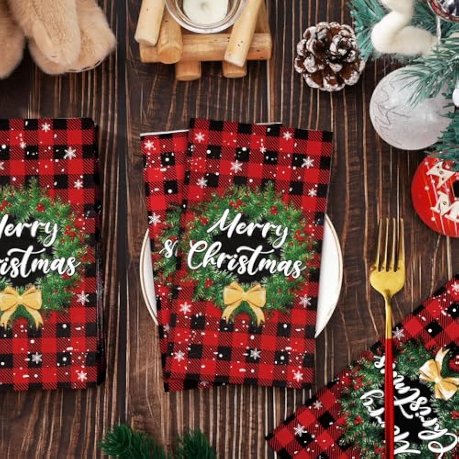 Christmas Guest Napkins Buffalo Plaid 3 Ply Disposable Paper Red Black Xmas Dinner Hand Napkin Towel Wreath Bathroom Napkins For Winter Party Supplies, 80Pcs