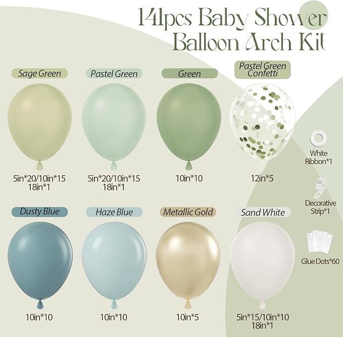 141 Piece Sage Green Balloon Arch Kit with Gold White and Confetti Balloons for Party Decor