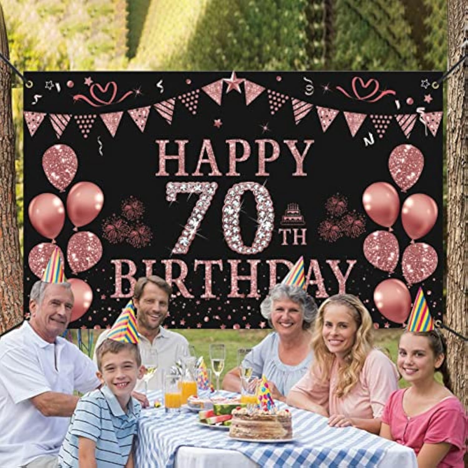 70Th Birthday Decorations - Rose Gold 70Th Birthday Banner & Backdrop (5.9 X 3.6 Ft) Party Supplies