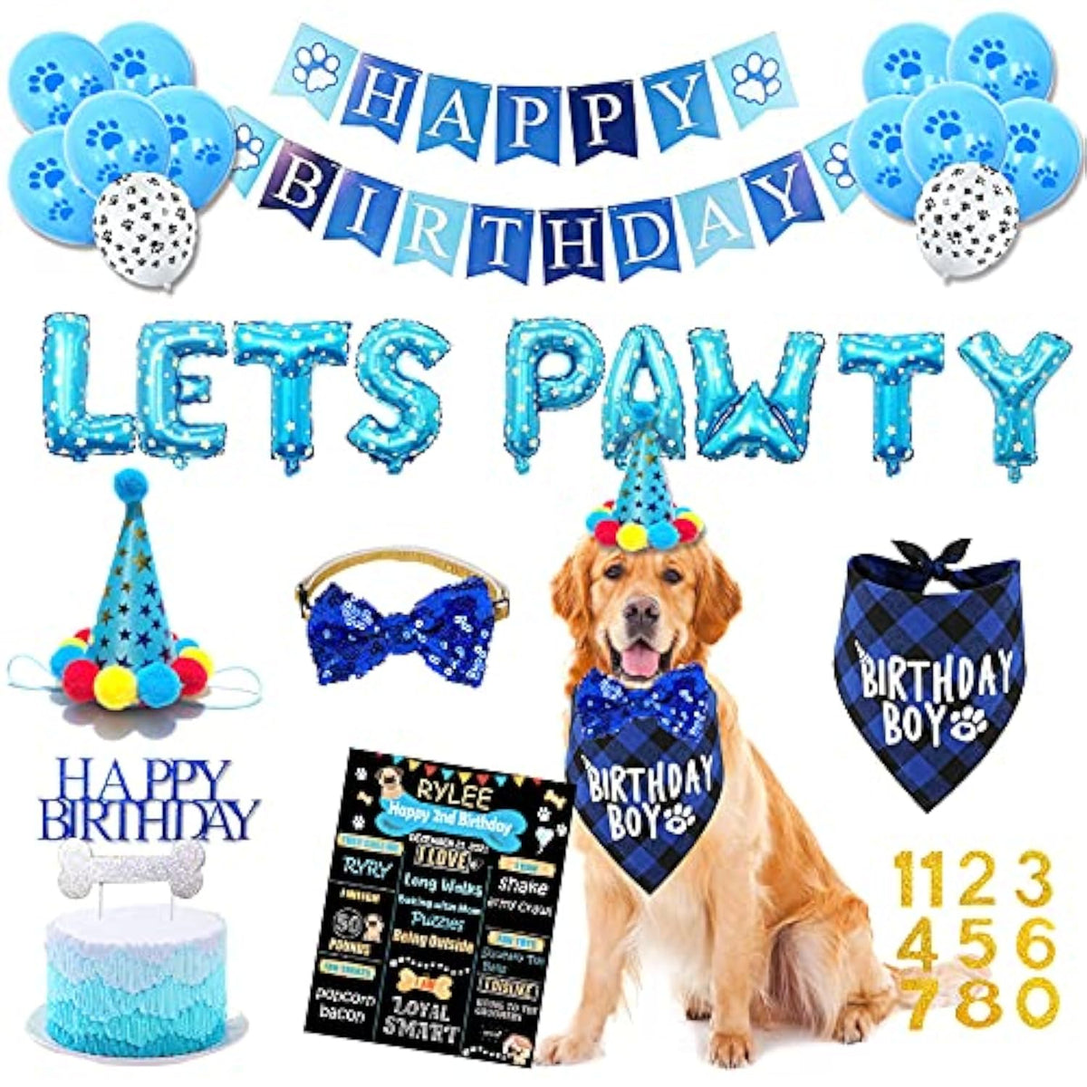Dog Birthday Party Supplies – Blue “Let’s Pawty” Balloons, Banner & Birthday Bandana Hats