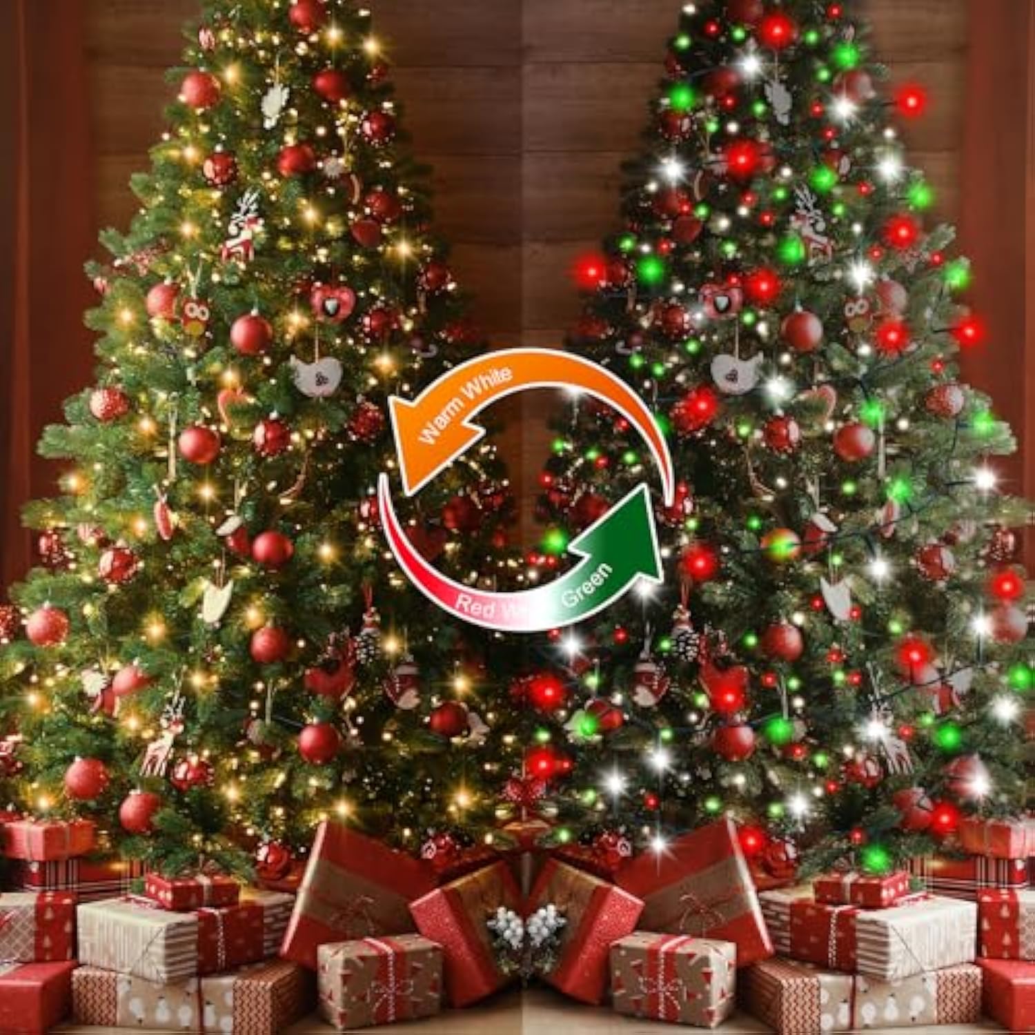 Red White Green Christmas String Lights Battery Operated, 100 Led Dual Color Changing Fairy Lights 33Ft With Remote Time