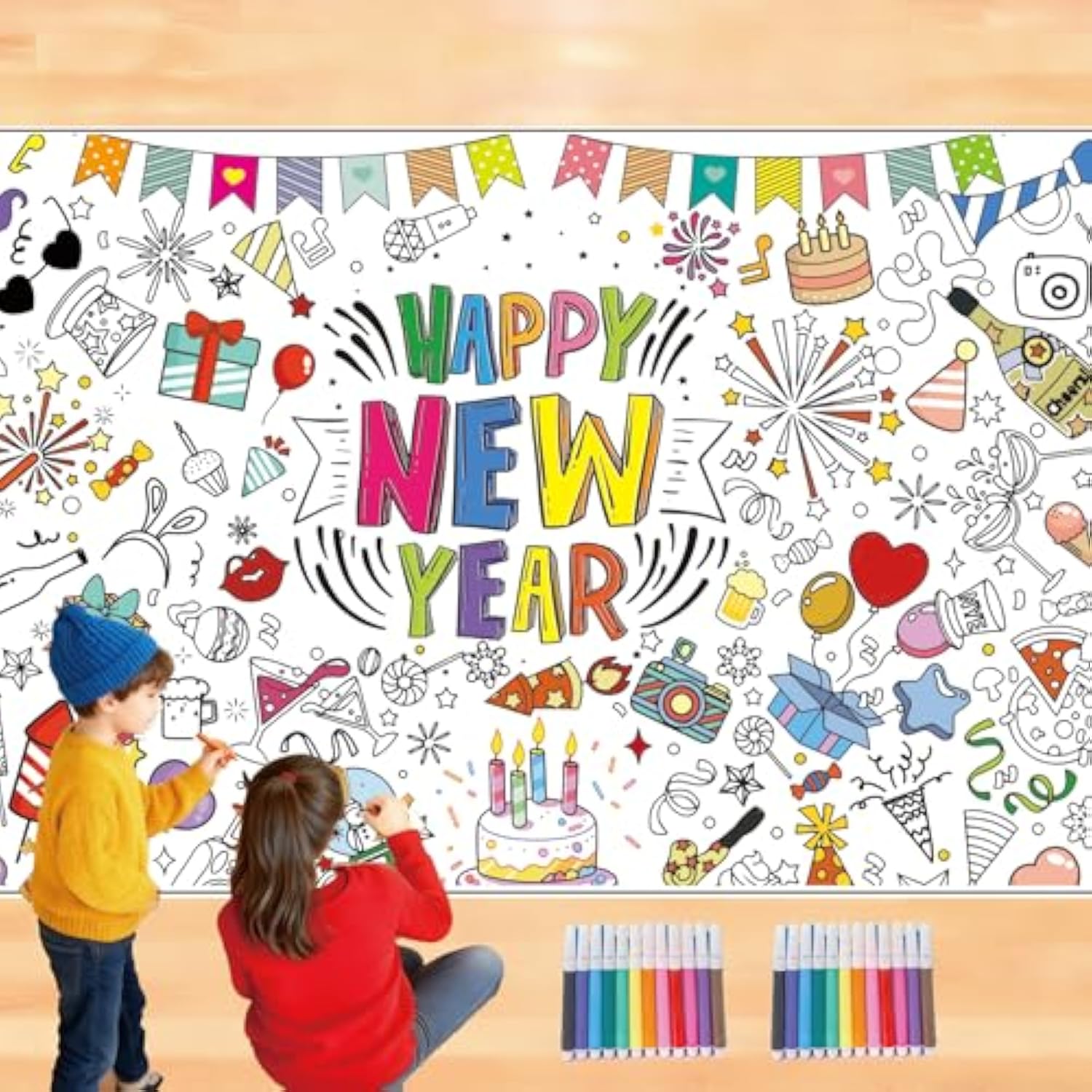 Happy New Year 2026 Giant Coloring Poster Tablecloth 72x30 with 24 Paint Pens