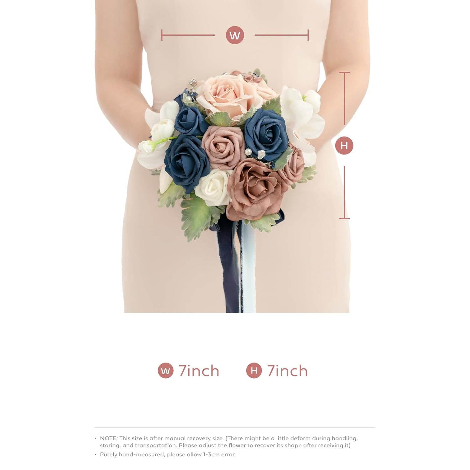Dusty Rose & Blue Artificial Wedding Flower Bouquets For Bridesmaids Navy Blue Floral Bouquet Blue Bridesmaid Bouquets With Ribbon Ceremony Anniversary,7-Inch Diameter