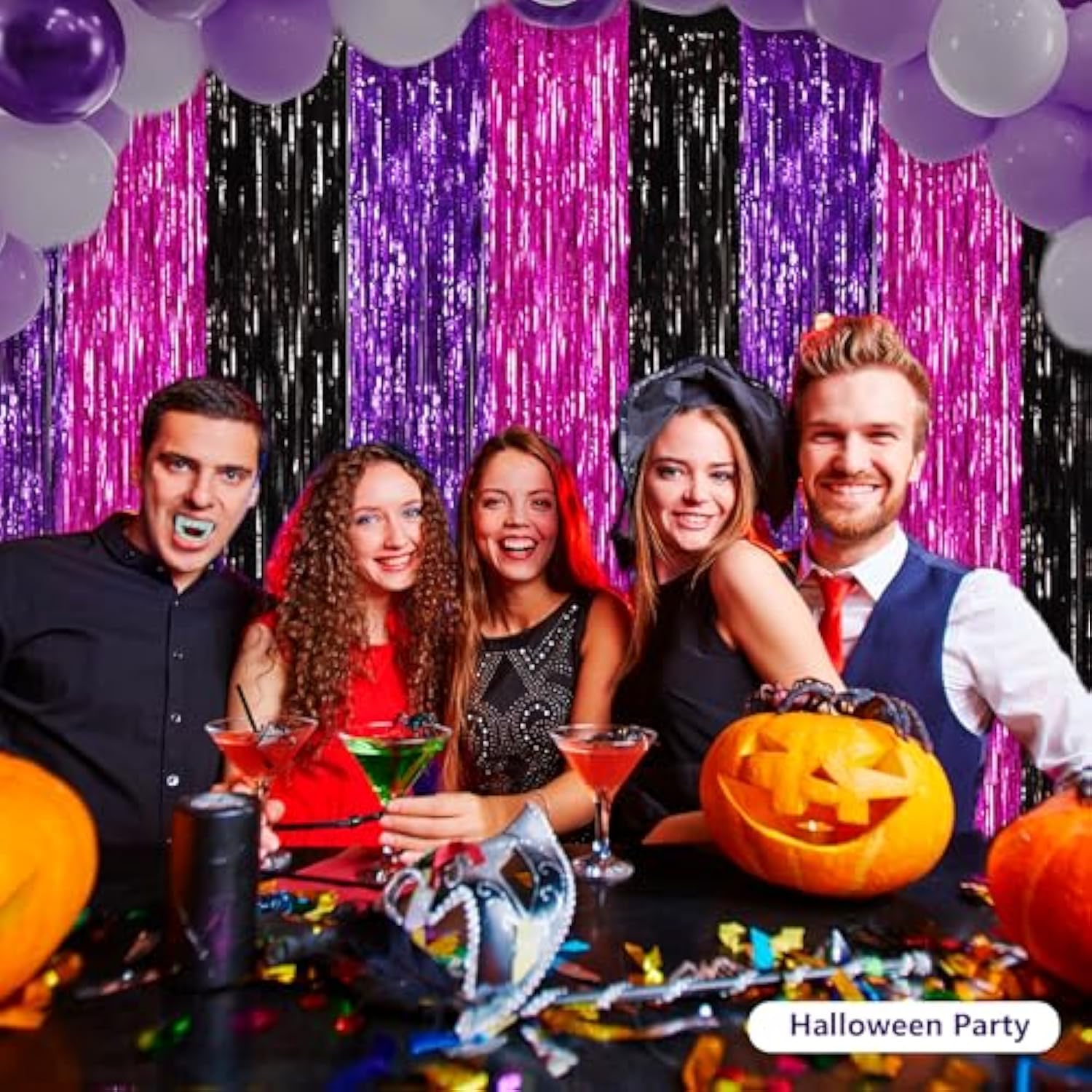 3 Pack Purple Pink Black Foil Fringe Curtains 3.28x6.56ft Backdrop Halloween Decor