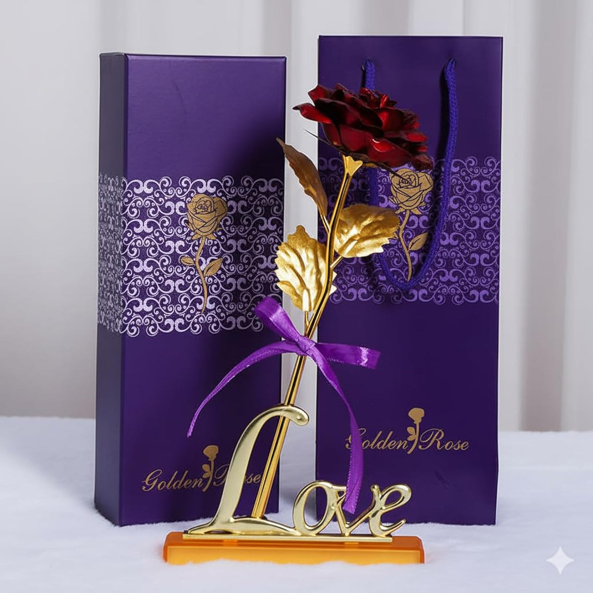 Rose Gift Box With Golden Love Stand – Romantic Artificial Flower Arrangement With Carry Bag For Valentine’S Day, Anniversary, Birthday & Special Occasions (Red)