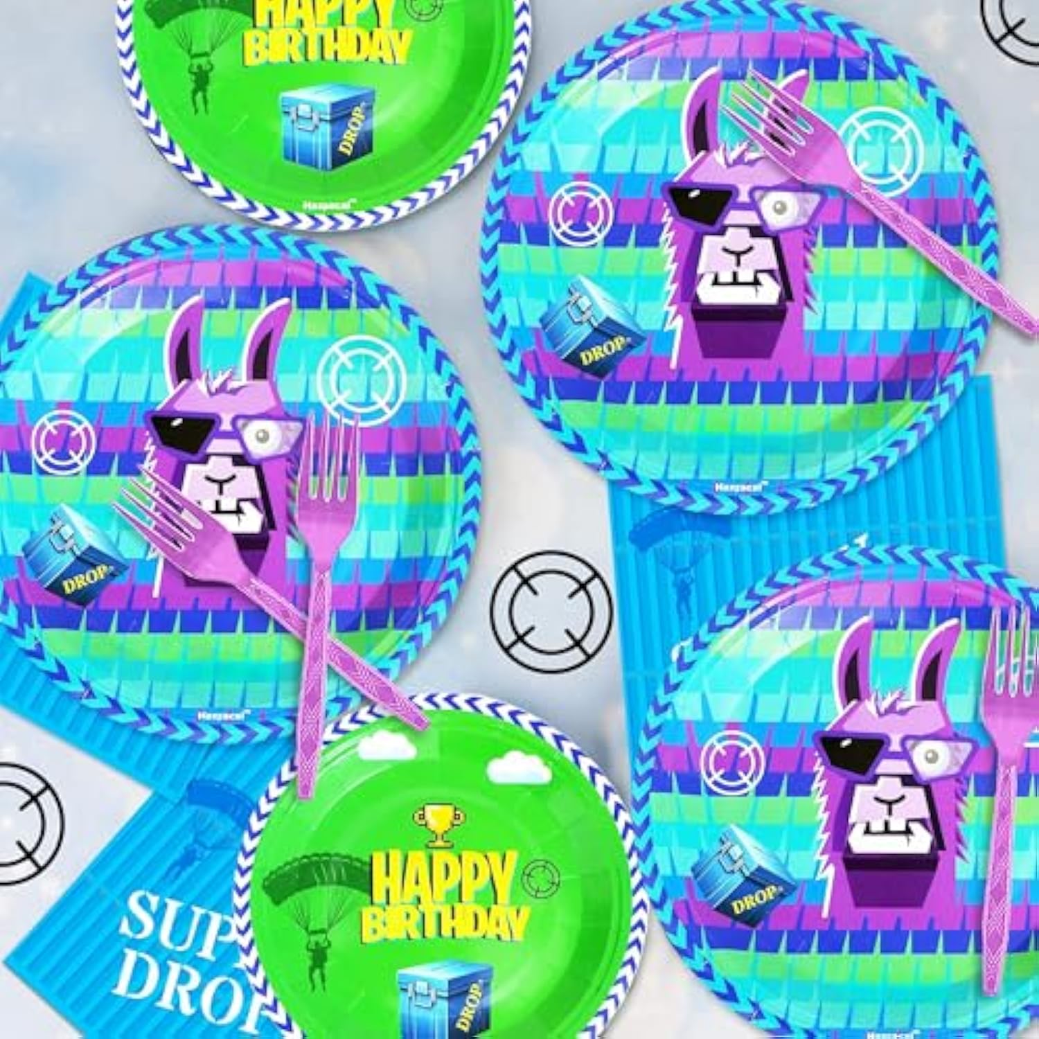 64Pcs Video Games Llama Party Tableware Supplies Including 32 Pcs Plates, 16 Pcs Forks And 16 Pcs Napkins, Video Games Theme Party Birthday Decorations