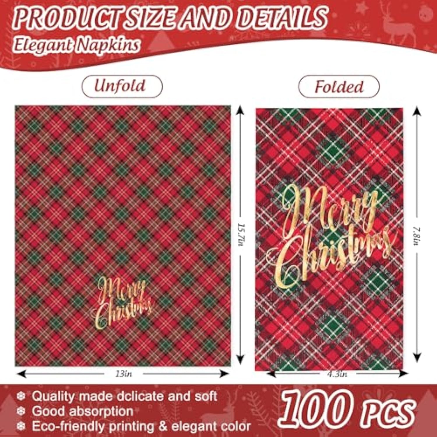 100Pcs Christmas Guest Napkin Red Green Plaid Disposable Paper Napkin Foil Gold Merry Christmas Dinner Hand Towel Napkin For Xmas Holiday Party Supplies