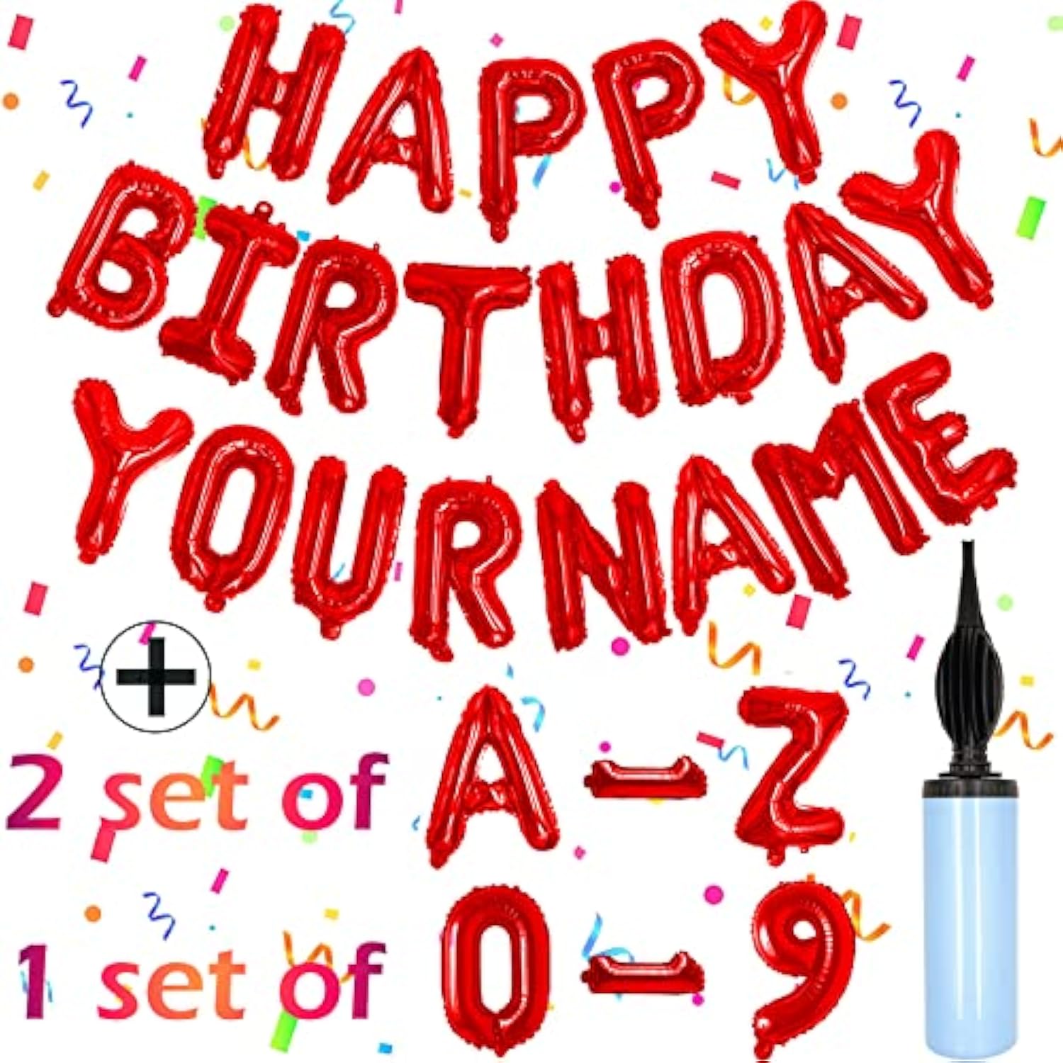 76Pcs Happy Birthday Balloon Banner, Red Balloons Letters, Personalized 16" Mylar Foil Birthday Decorations Includes 2 Sets A- Z, 1 Set Number 0-9 And "Happy Birthday" Letters (With Balloon Pump)