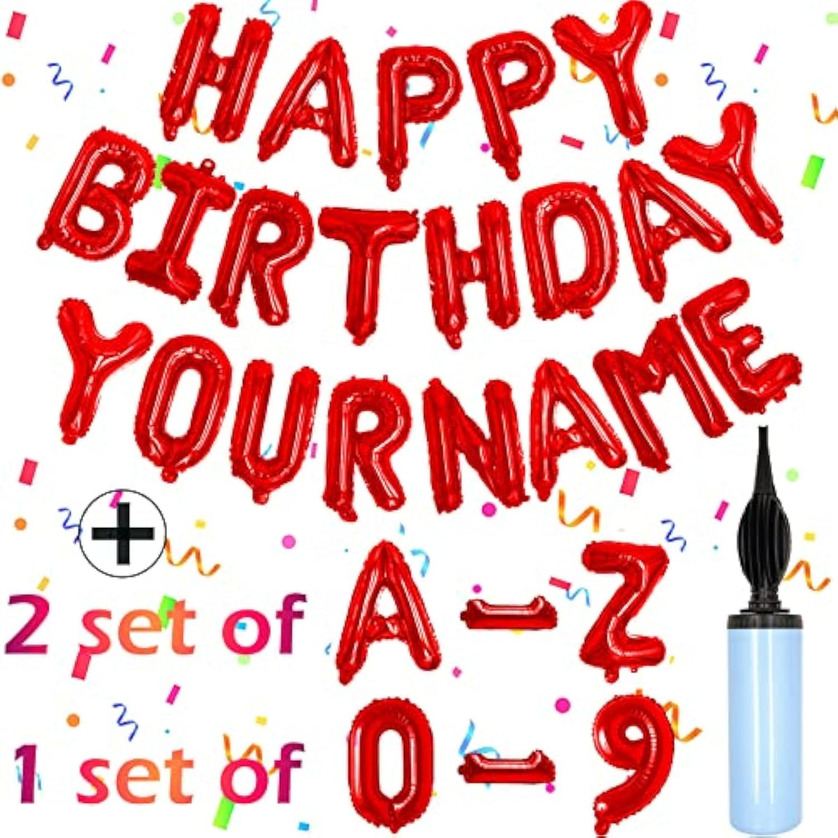 76Pcs Happy Birthday Balloon Banner, Red Balloons Letters, Personalized 16" Mylar Foil Birthday Decorations Includes 2 Sets A- Z, 1 Set Number 0-9 And "Happy Birthday" Letters (With Balloon Pump)