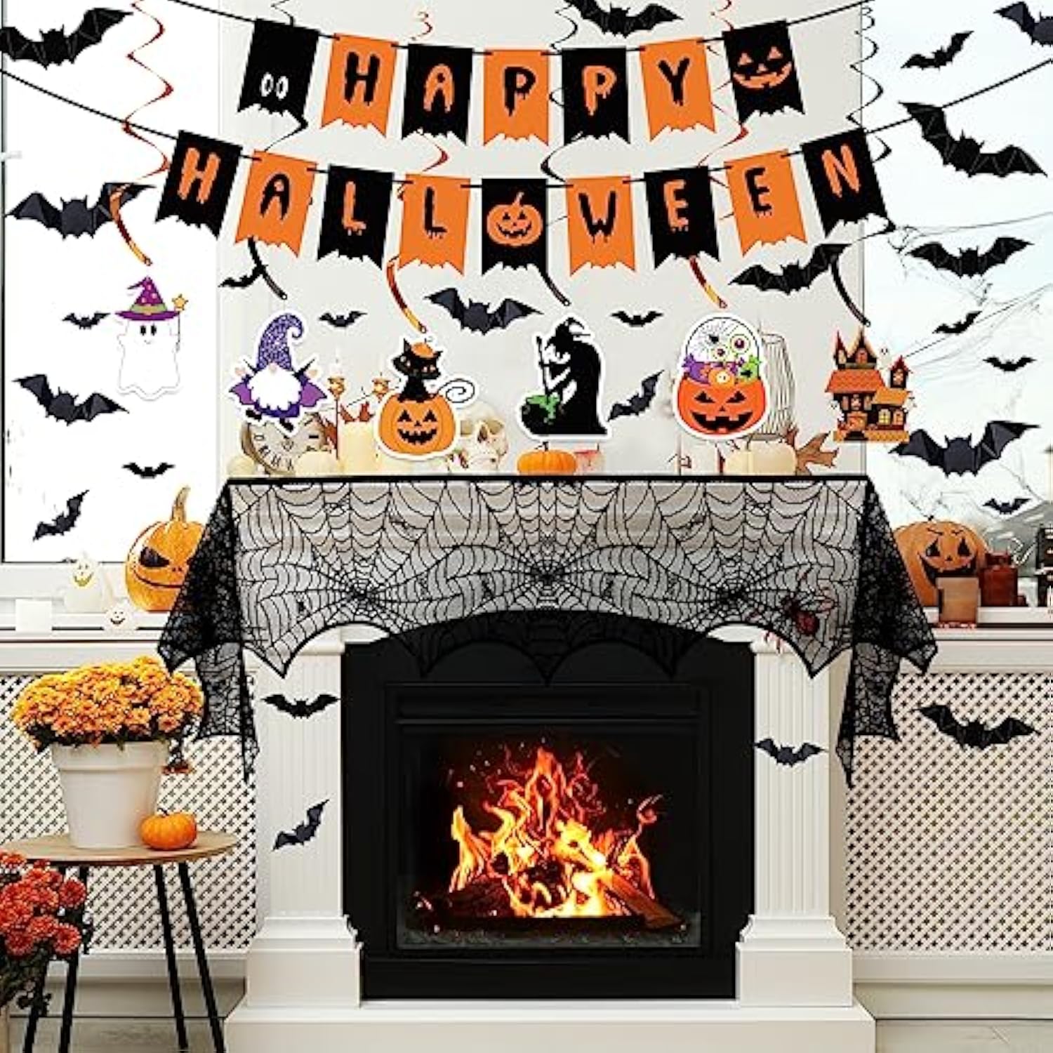 Halloween Decorations Indoor Set with Banner Hanging Swirls Table Runner Mantel Scarf Bats