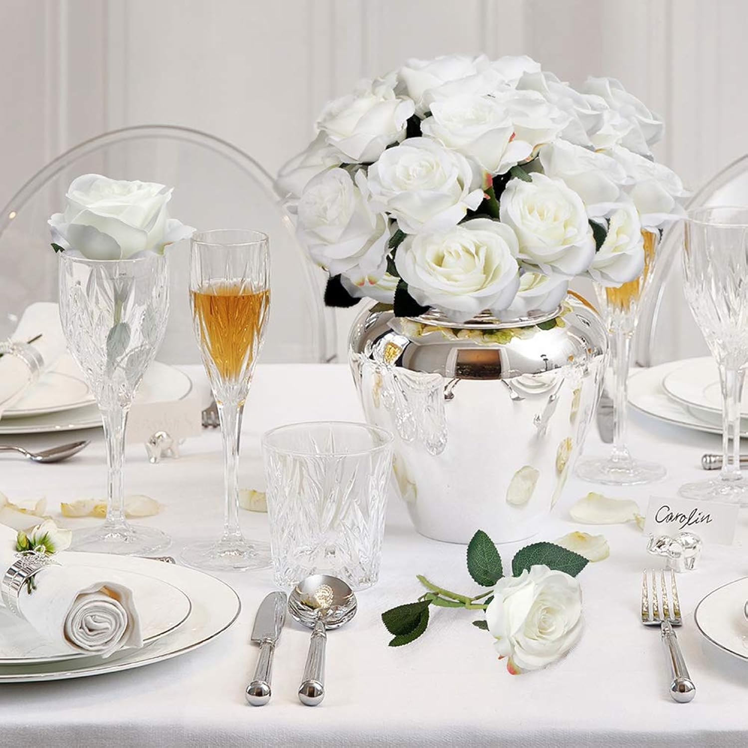 12 Pcs White Rose Artificial Flowers, Fake Roses With Long Stem Realistic Silk Rose Bouquets Wedding Valentines Day Decorations Faux Floral Arrangement Bridal Shower Party Home Table Decor