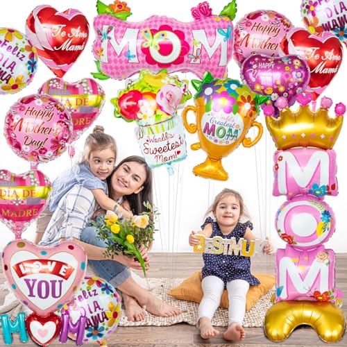 24 Pcs Mothers Day Balloons, Happy Mother's Day Mylar Balloon, Feliz Dia Mama Foil Balloons for Best Mom Ever Mom Party Birthday Decorations Supplies