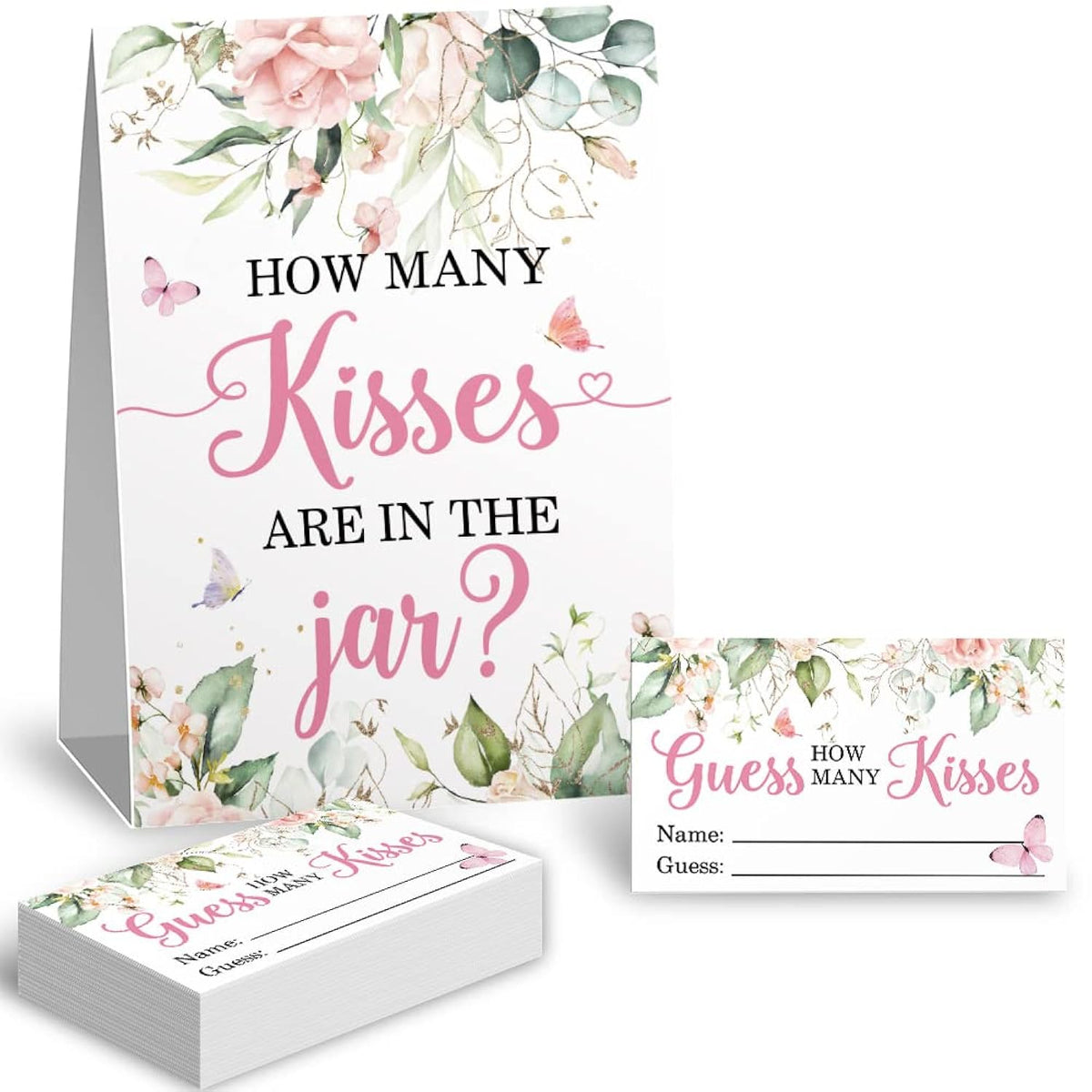 Guess How Many Kisses In The Jar Bridal Shower Game, Wedding Shower Games, Bridal Shower Sign, Baby Shower Sign, Bridal Party Decorations, Floral Bridal Party Idea, 1 Sign & 50 Cards Set