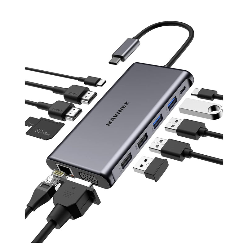 Usb C Docking Station, 12 In 1 Dual Monitor Hub 4K Hdmi & 1080P Vga, 100W Powe