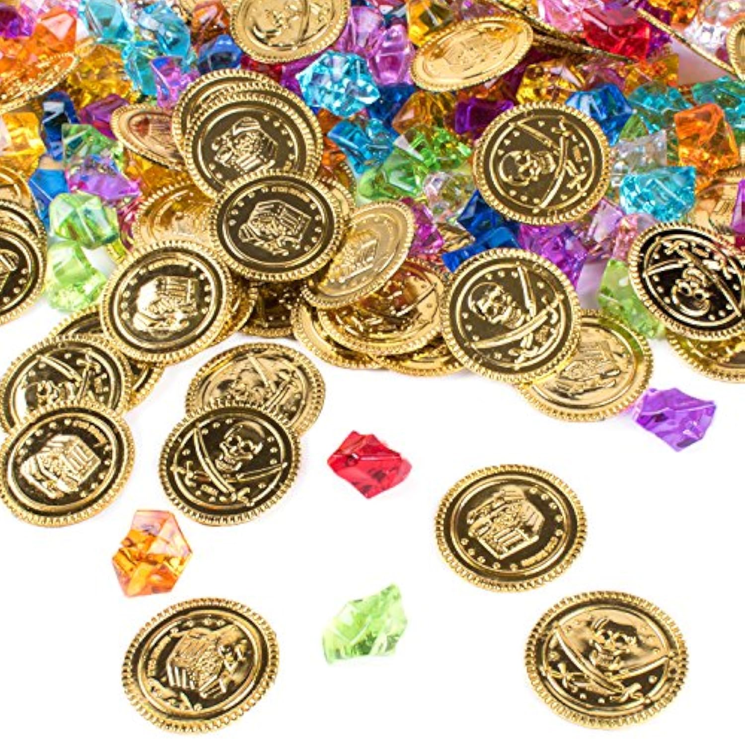 240 Piece Pirate Treasure Set Gems And Plastic Golden Coins Theme Party Favor Pack Decorating Supplies By