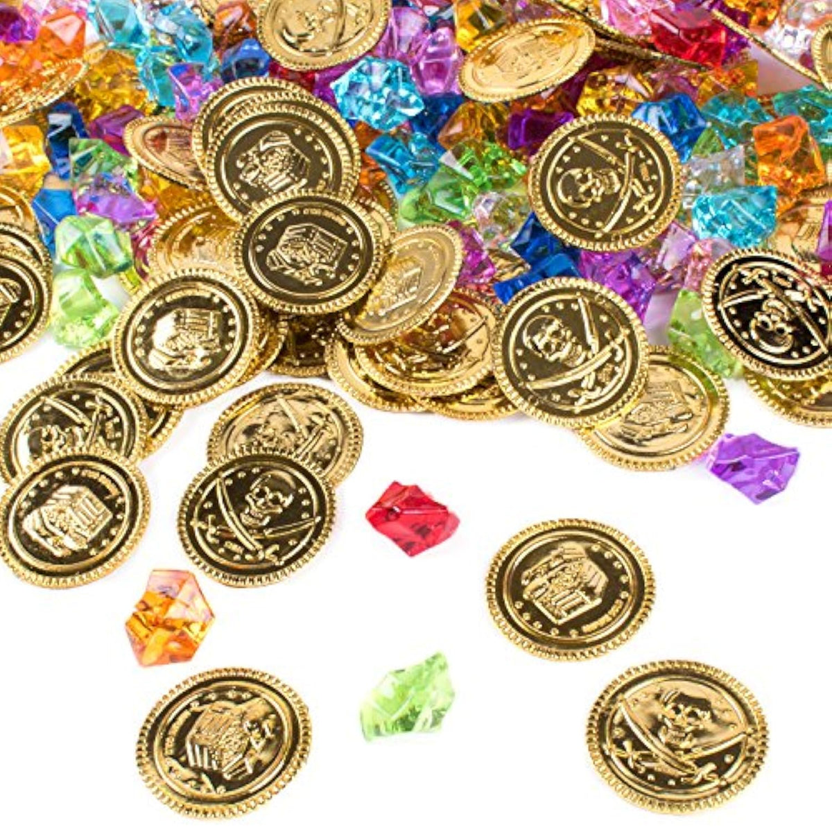 240 Piece Pirate Treasure Set Gems And Plastic Golden Coins Theme Party Favor Pack Decorating Supplies By