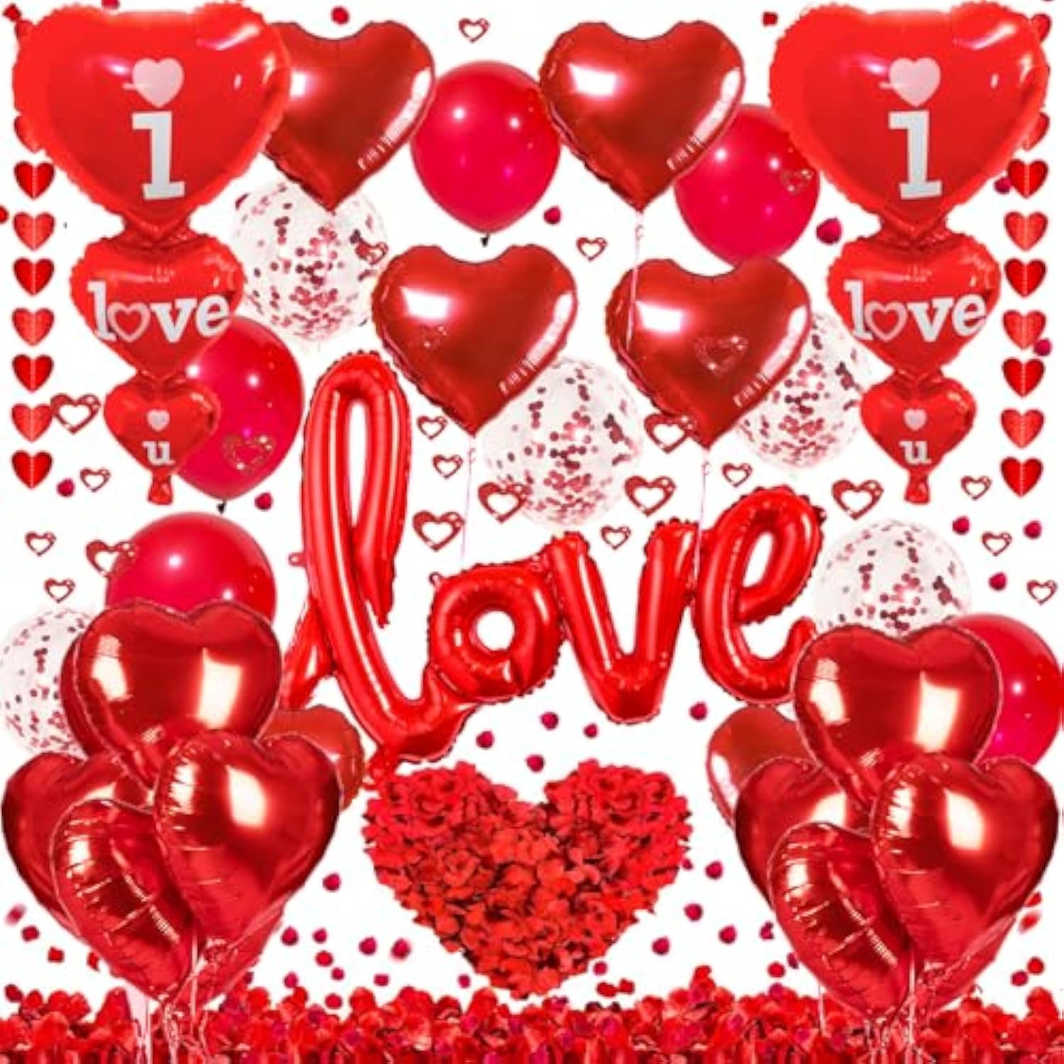Valentines Day Decorations Set, I Love You Balloons And Red Heart Balloons With Fake Rose Petals For Valentines Day Party Wedding Anniversary Engagement Decor