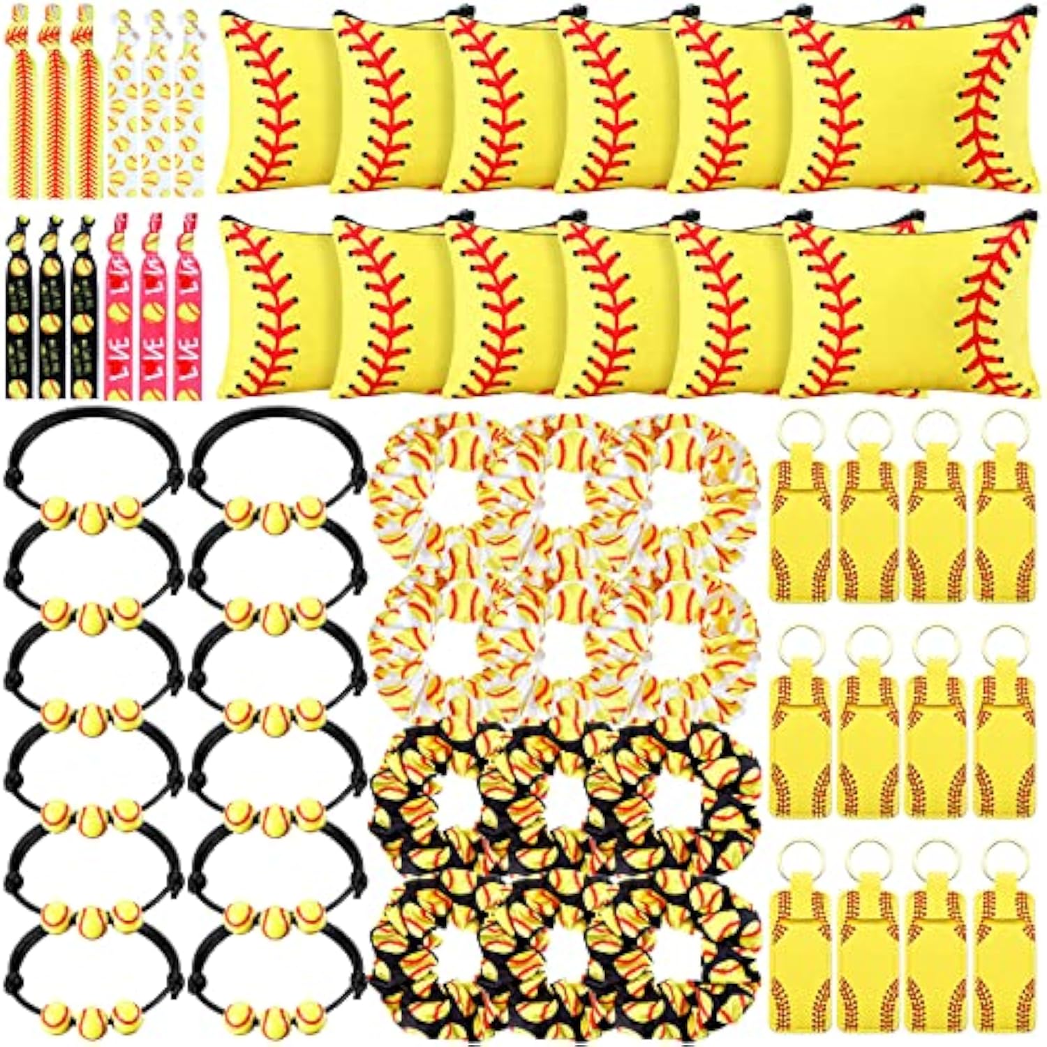 60 Pcs Softball Gifts For Team Girls Softball Party Favors Include Cosmetic Bag, Keychains, Hair Scrunchies, Hair Ties, Bracelets For Sport Theme Birthday Party Supplies