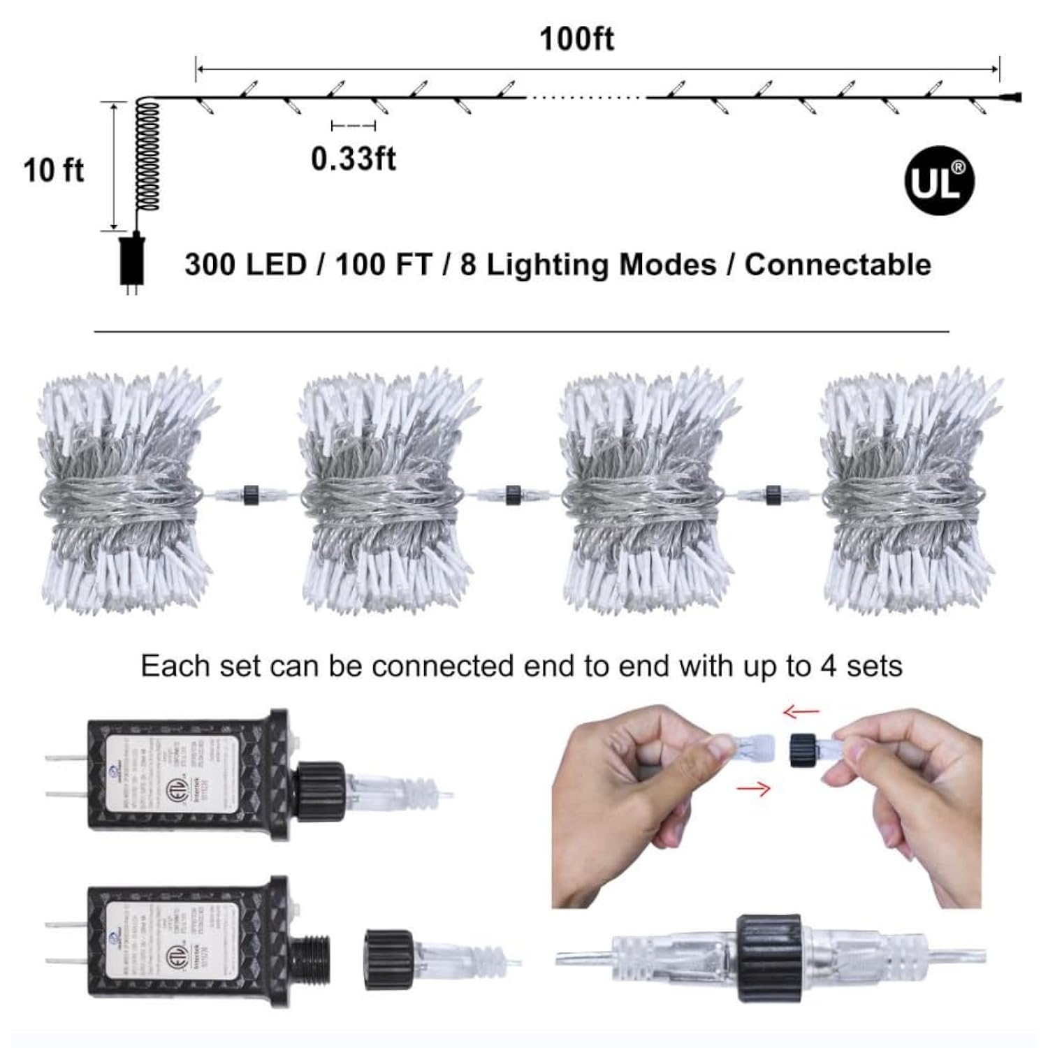 300Led 100Ft Christmas String Lights, 8 Modes Fairy Lights Connectable, Indoor Outdoor String Lights With Timer & Memory